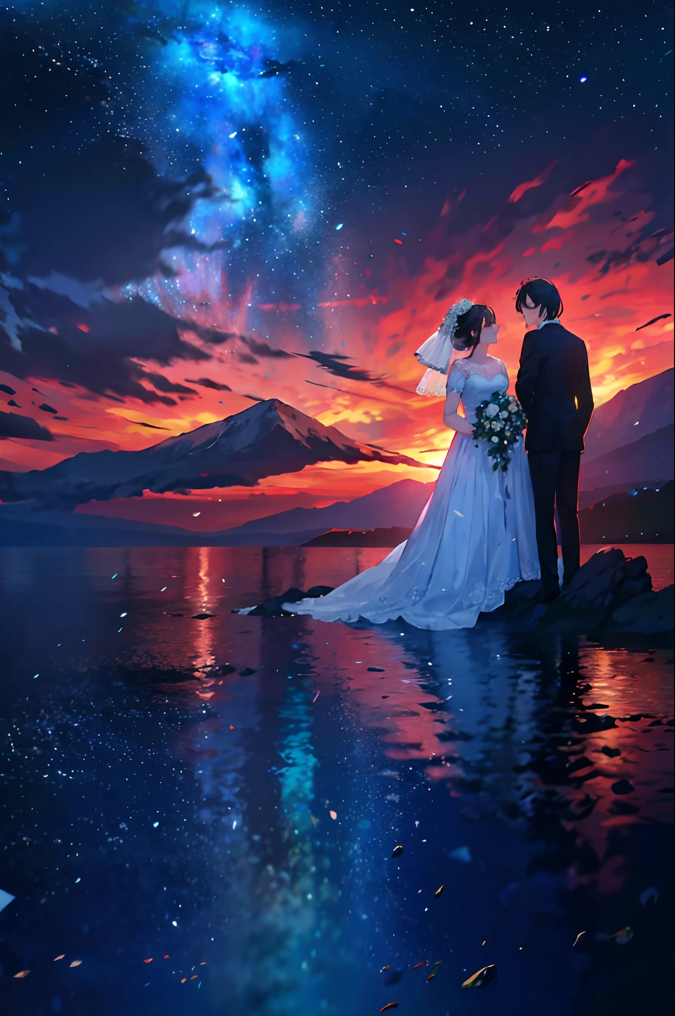 1 Newlyweds in wedding dresses and suits,Look at the stars at the top of the mountain,Stars shining in the sky,Witness the Sea Oath Mountain Alliance,Romantic movie stills