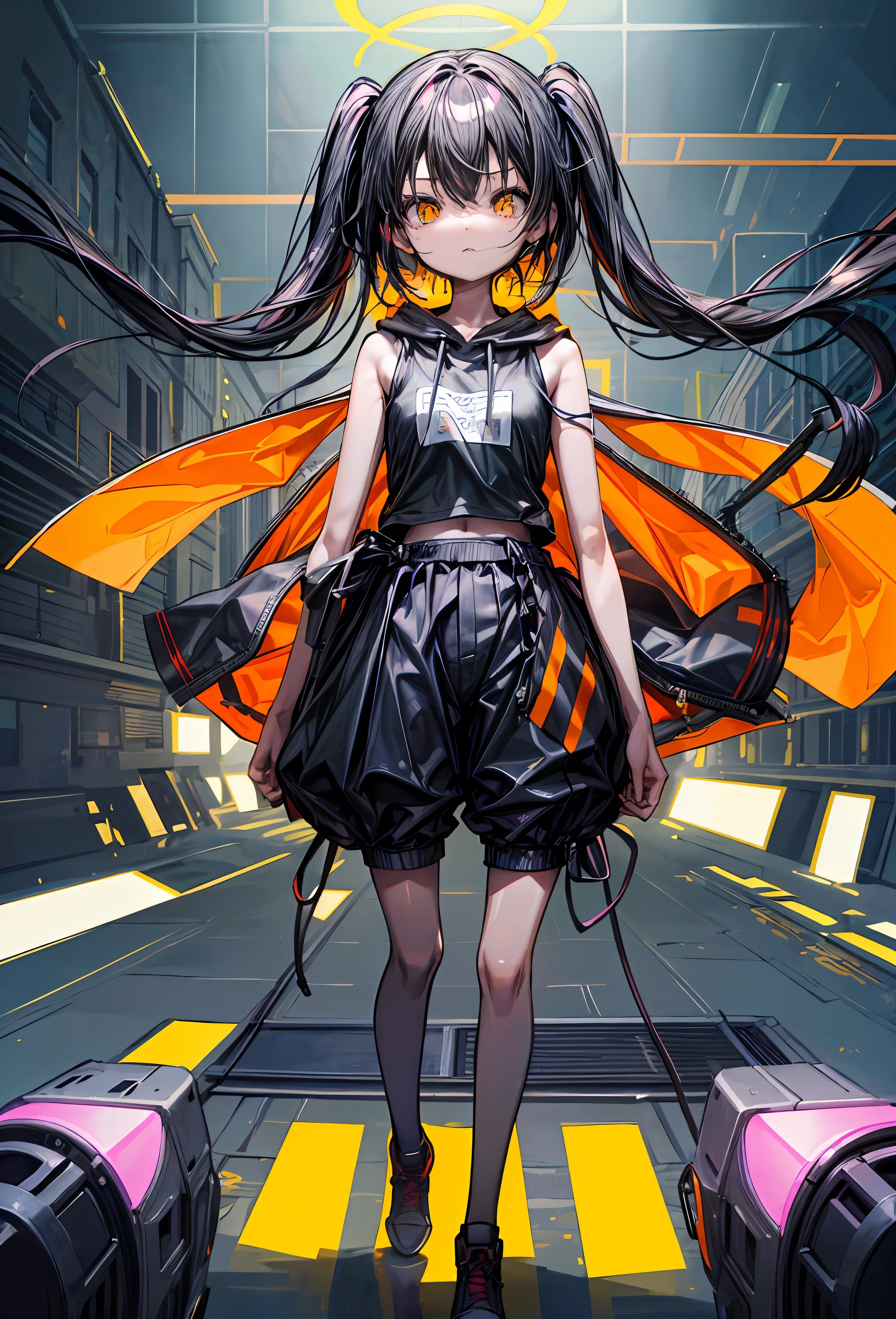 masterpiece、Flat background、without background、full body Esbian、is standing、女の子1人、独奏、cute little、Oversized Orange Hoodie、tshirts、7-minute length pants、50mm portrait、Delicate facial features、semi - realistic、foco nítido、The ultra-detailliert、absurderes、depth of fields、neons