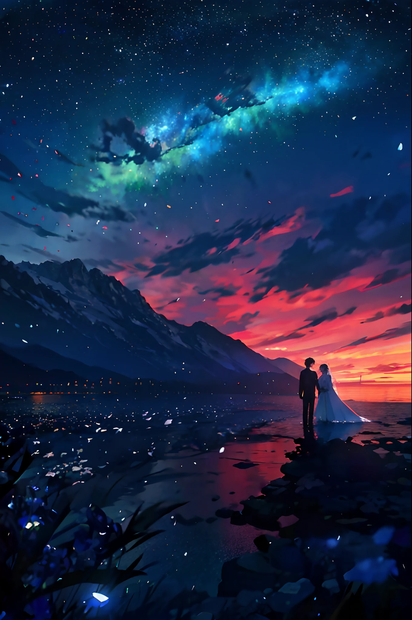 1 Newlyweds in wedding dresses and suits,Look at the stars at the top of the mountain,Stars shining in the sky,Witness the Sea Oath Mountain Alliance,Romantic movie stills