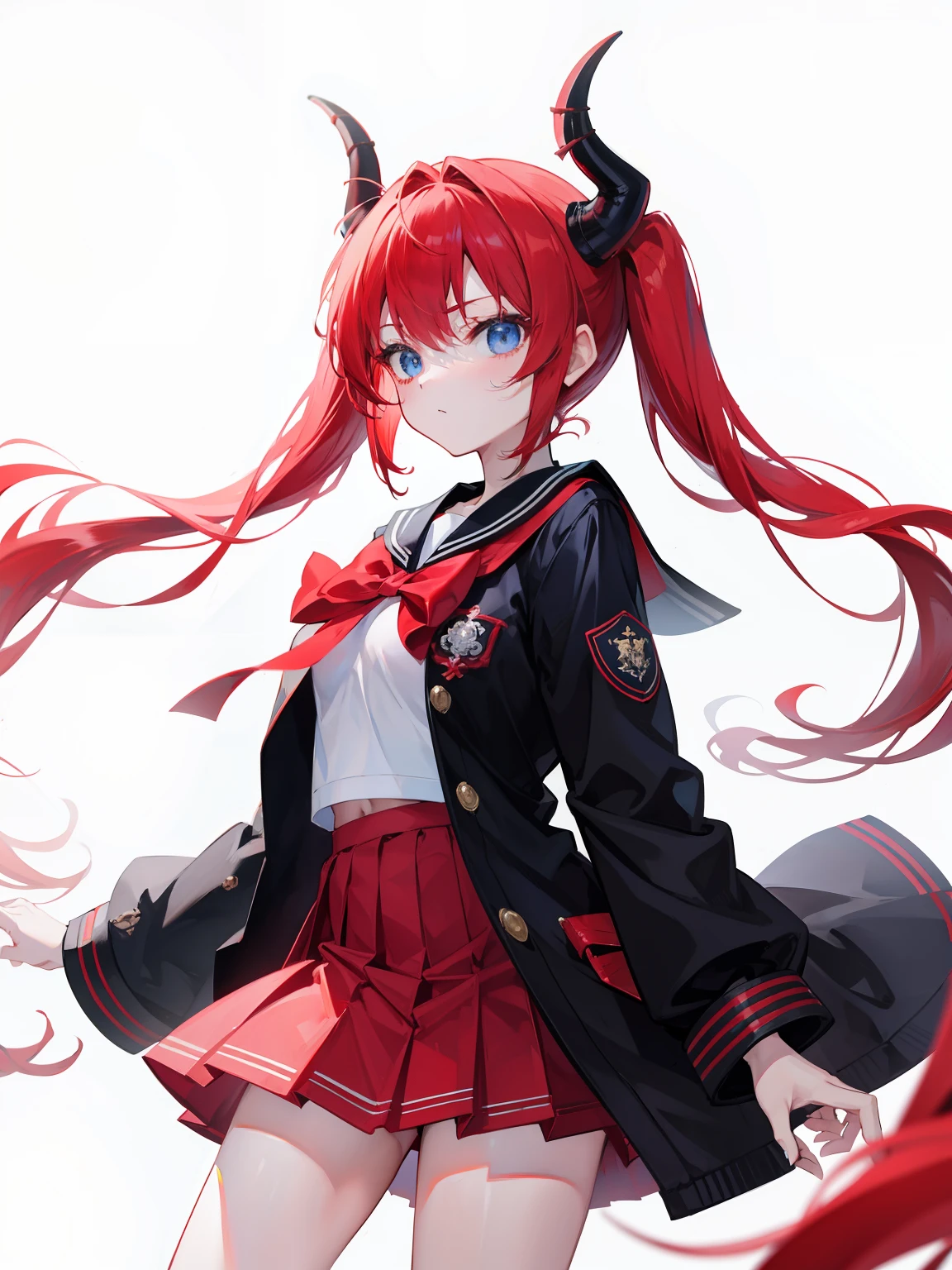red hair, blue eyes, twintails, Sailor suit,black coat, Dragon horns,Pleated skirt,solo,loli,cute,bow