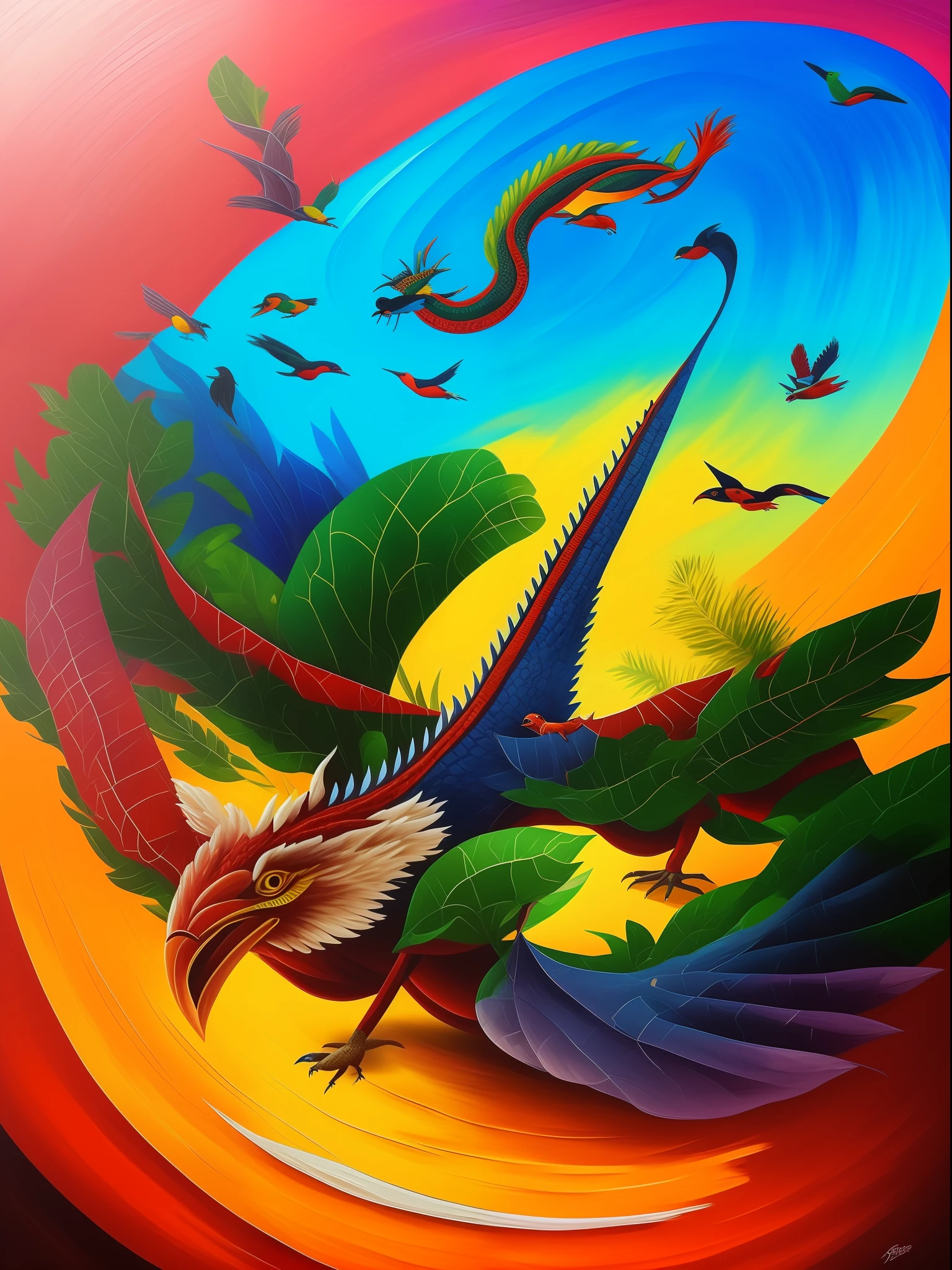 3 d oil painting, Hiper realista, ilha tropical, a magic world, com cachoeiras, Dragon birds, aldeia, rios, hyper sharp, hiper detalhado, ultra complexo, 3D extremo, tintas escorrendo pela tela, tinta saindo da tela, 3D-rendering, extrema profundidade, extremamente imersivo, Ultra High Relay, cores vibrantes, brilho extremo, Morning light