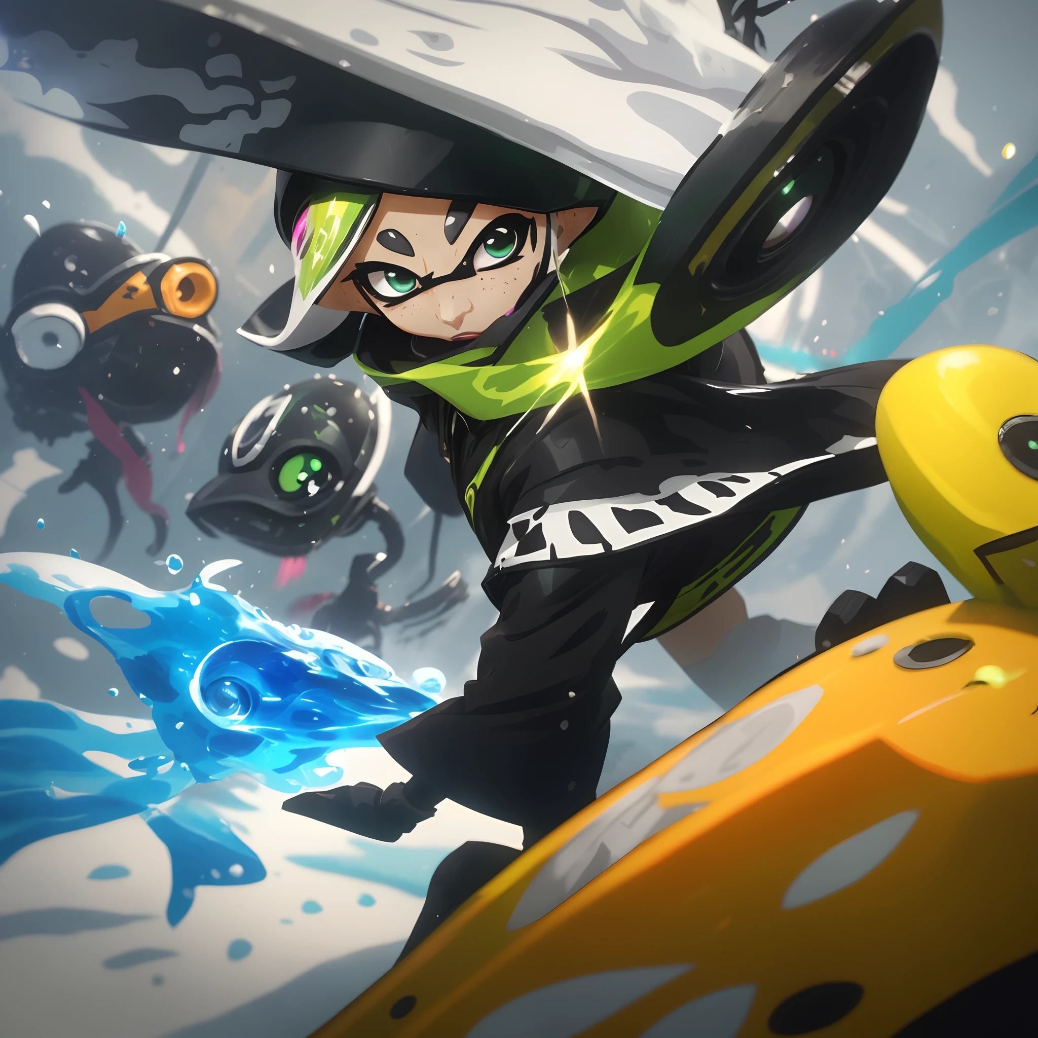 Anime characters wearing green and black costumes and yellow and black helmets, Official Splash Art, iconic character splash art, character splash art, with splatoon style, high detailed official artwork, hq artwork, Splash Art, Row 3, wallpaper splash art promo art, splashcreen character art, High-quality fanart, Platoon, full art, offcial art, nintendo game art