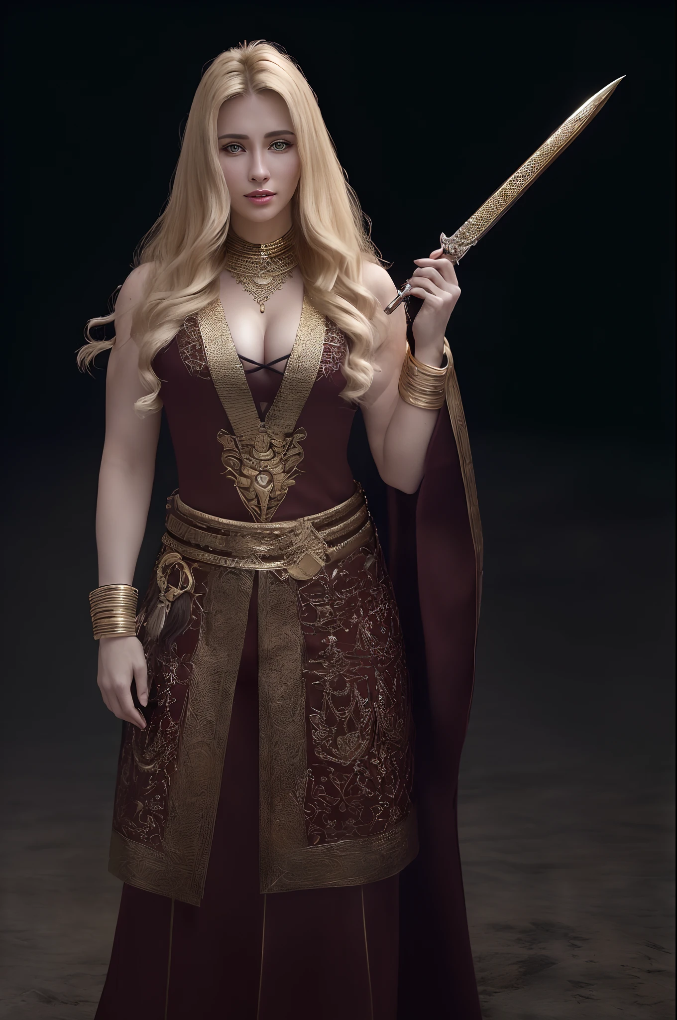 (full body shot)a East European woman, luminous design, masterpiece, best quality, extremely detailed 8k, ultra hd, ultra-detailed, highly detailed, highly realistic, (ultra-realistic), hyperrealistic, Real life style, (((top quality, masterpiece: 1.3)), athletic body showing body and perfect to viewer, , big , blonde hair, big smile, wearing ottaman gold jewellery, Kurulus warrior outfit, battle ready, ottoman dagger in hand, highest details, highest quality, 8k resolution, precise details, ultra realistic quality(cinematic:1.5)(Top Quality, 8k, 32k, Masterpiece, UHD: 1.3)