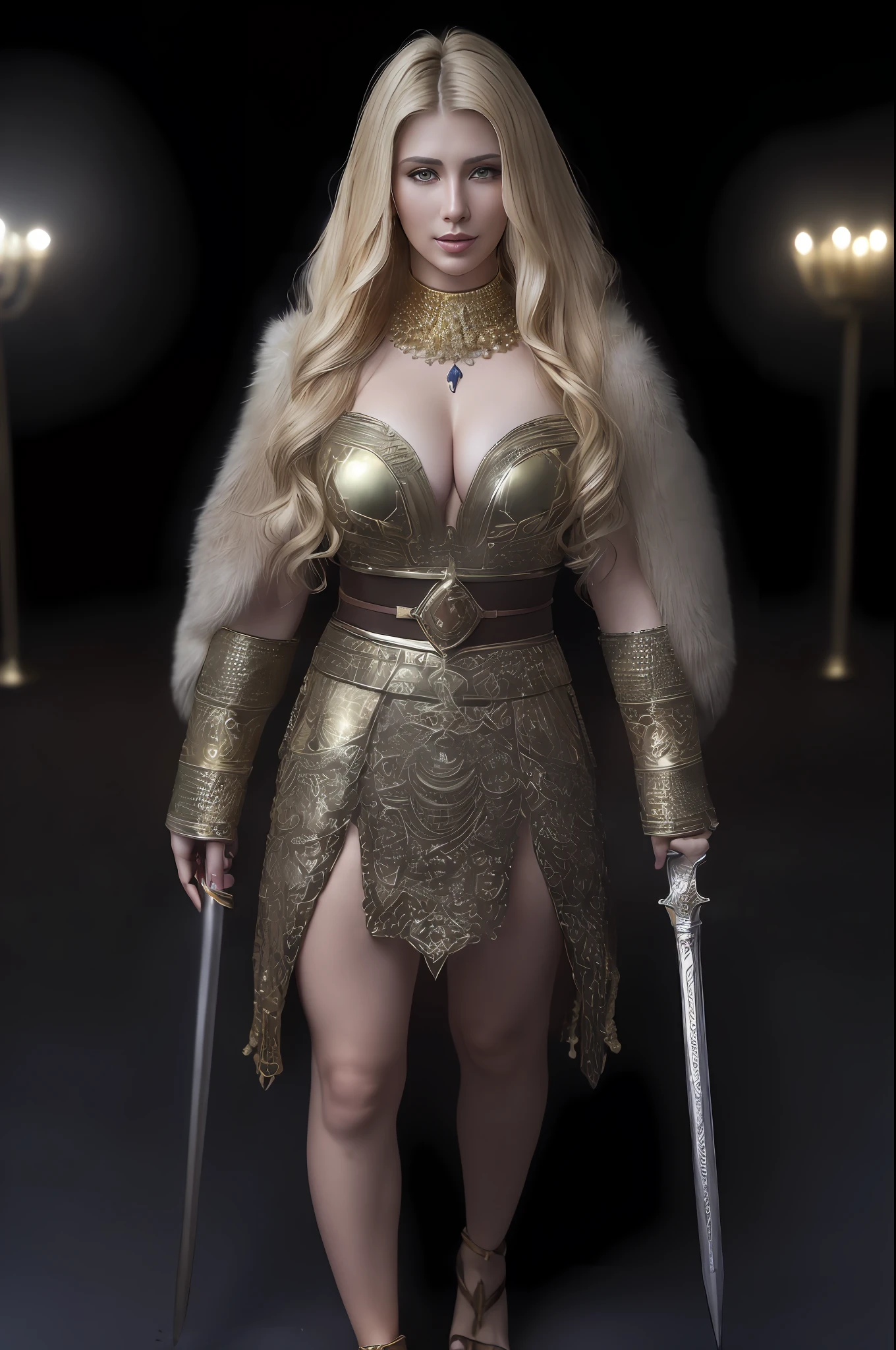 (full body shot)a East European woman, luminous design, masterpiece, best quality, extremely detailed 8k, ultra hd, ultra-detailed, highly detailed, highly realistic, (ultra-realistic), hyperrealistic, Real life style, (((top quality, masterpiece: 1.3)),  athletic body showing  body and perfect  to viewer, , big , blonde hair, big smile, wearing ottaman gold jewellery, Kurulus warrior outfit, battle ready, ottoman dagger in hand, highest details, highest quality, 8k resolution, precise details, ultra realistic quality(cinematic:1.5)(Top Quality, 8k, 32k, Masterpiece, UHD: 1.3)