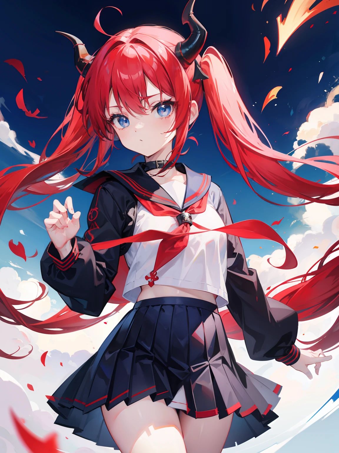 red hair, blue eyes, twintails, Sailor suit,black coat, Dragon horns,Pleated skirt,solo,****,cute,bow