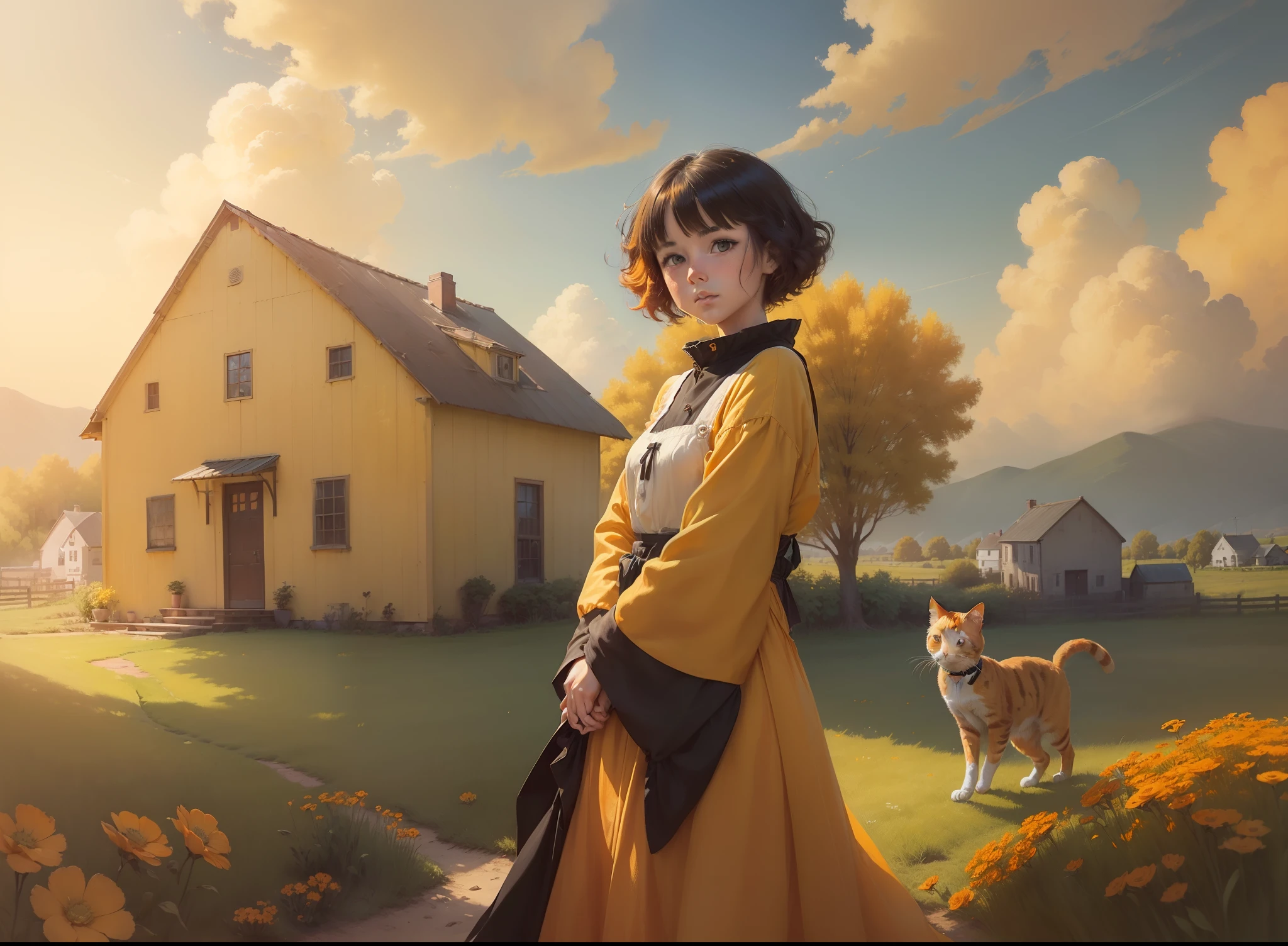 an image of ,((( ((((one))))  yellow orange calico house cat))), loving and attentive, young half Japanese half Caucasian ((girl with black hair)) , farm field summer background scene, Adobe Photoshop, Realistic Digital Painting, Portrait, High Resolution, Warm light, Symbolic Art, photorealistic, hyper-detail, 24k resolution, cat four legs.