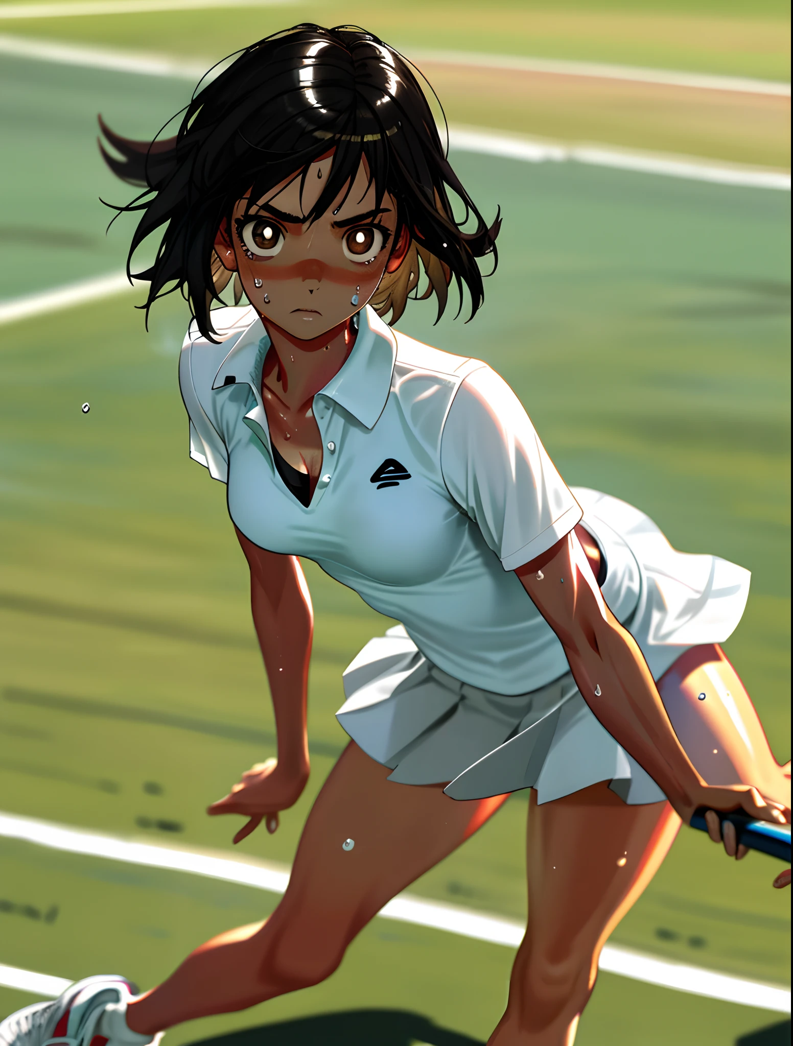 1girl, solo, white polo shirt, white sneakers, tennis wear, white miniskirt, masterpiece, best quality, realistic, hyper-detailed, (shiny skin, sweaty:1.4), absurd, looking at viewer, short black hair, brown eyes, slender, dynamic lighting, high resolution, sharp focus, depth of field, detailed eyes, sharp pupils, realistic pupils, (small breasts:1.6), (thick thighs:1.0), outdoor, sky