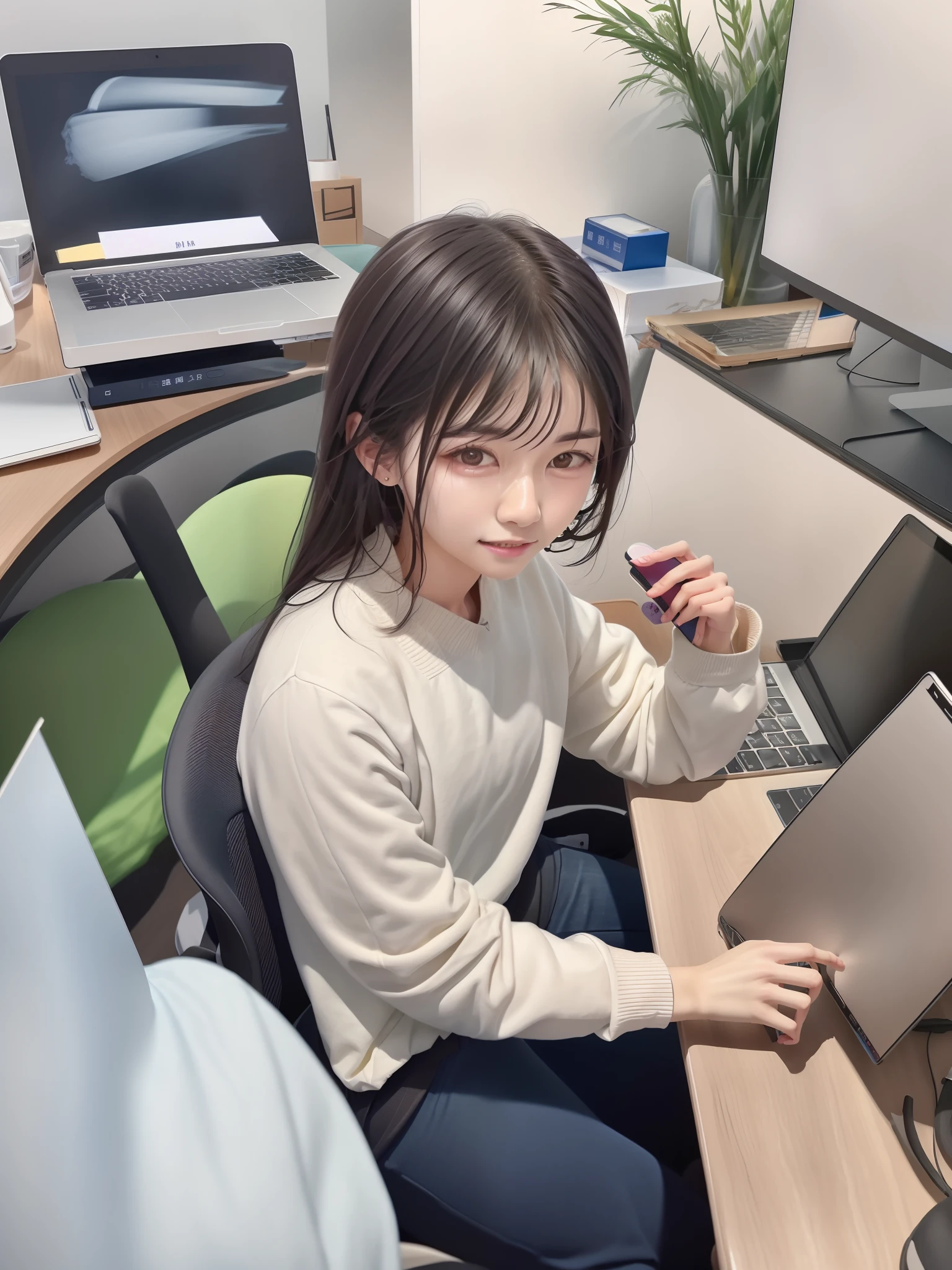 There was a man sitting at his desk，Hold a laptop and phone, Li Zixin, Sitting at your desk, jinyiwei, zeng fanzh, yihao ren, xintong chen, wenjun lin, Chiba Yuda, working, Working hard, Wang Qichao, huifeng huang