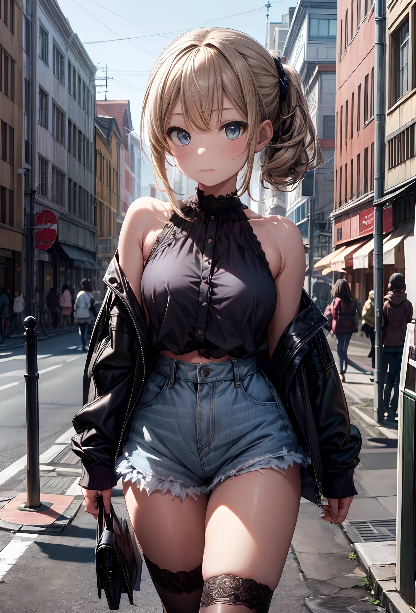 extremely delicate and beautiful girls, extremely detailed character, finely detail, incredibly detailed, super fine illustration, flying_sweatdrops, extremely detailed body, petite, girl,woman,female, young,20 years old, medium hair, curly hair, bangs, hair between eyes, side braid, blonde hair, multicolored hair, beautiful detailed Glass hair, delicate beautiful face, ^_^, extremely detailed eyes, fang, bare_shoulders, medium_breasts, thighs, pale blue eyes, dark_skin, extremely detailed lace, sunglasses, choker, leather jacket, no_bra, black_shorts, boots, detailed background, night, background Urban rooftop, ultra detailedgrand movement, very precise detailed, extremely detailed 8K wallpaper, very fine 8K CG wallpaper, upper body