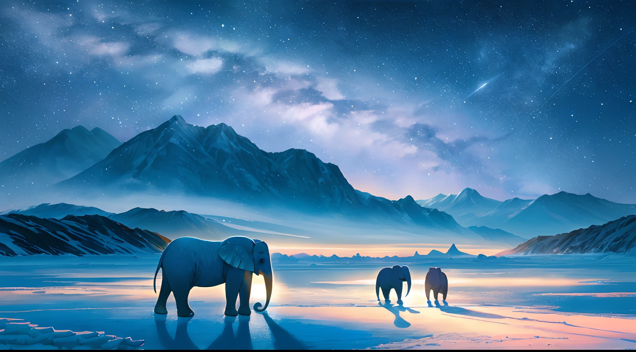 (Photorealistic:1.2), illustratio:Hidenori Matsubara, ice river,fansty world,Dazzle,the night,starrysky,chilly,elephants,o cachorrinho,A vibrant fantasy landscape,South Pole, , Smooth shadows and textures, and a subtle glow,tmasterpiece