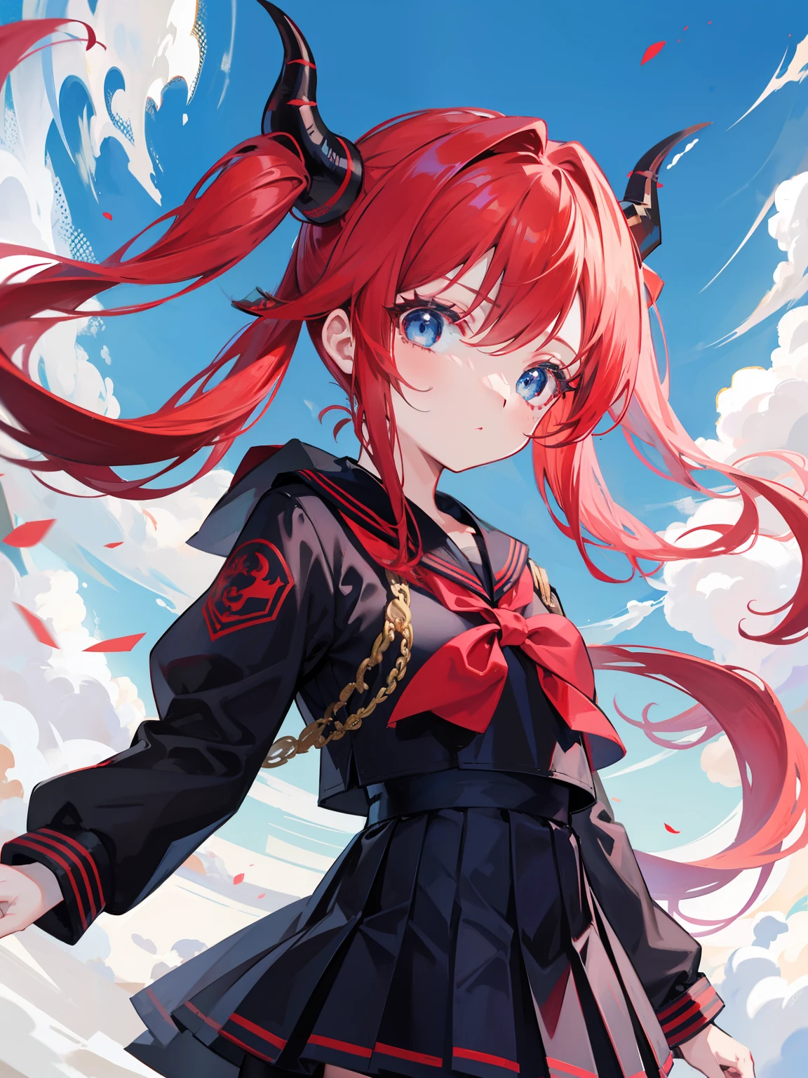 red hair, blue eyes, twintails, Sailor suit,black coat, Dragon horns,Pleated skirt,solo,loli,cute,bow