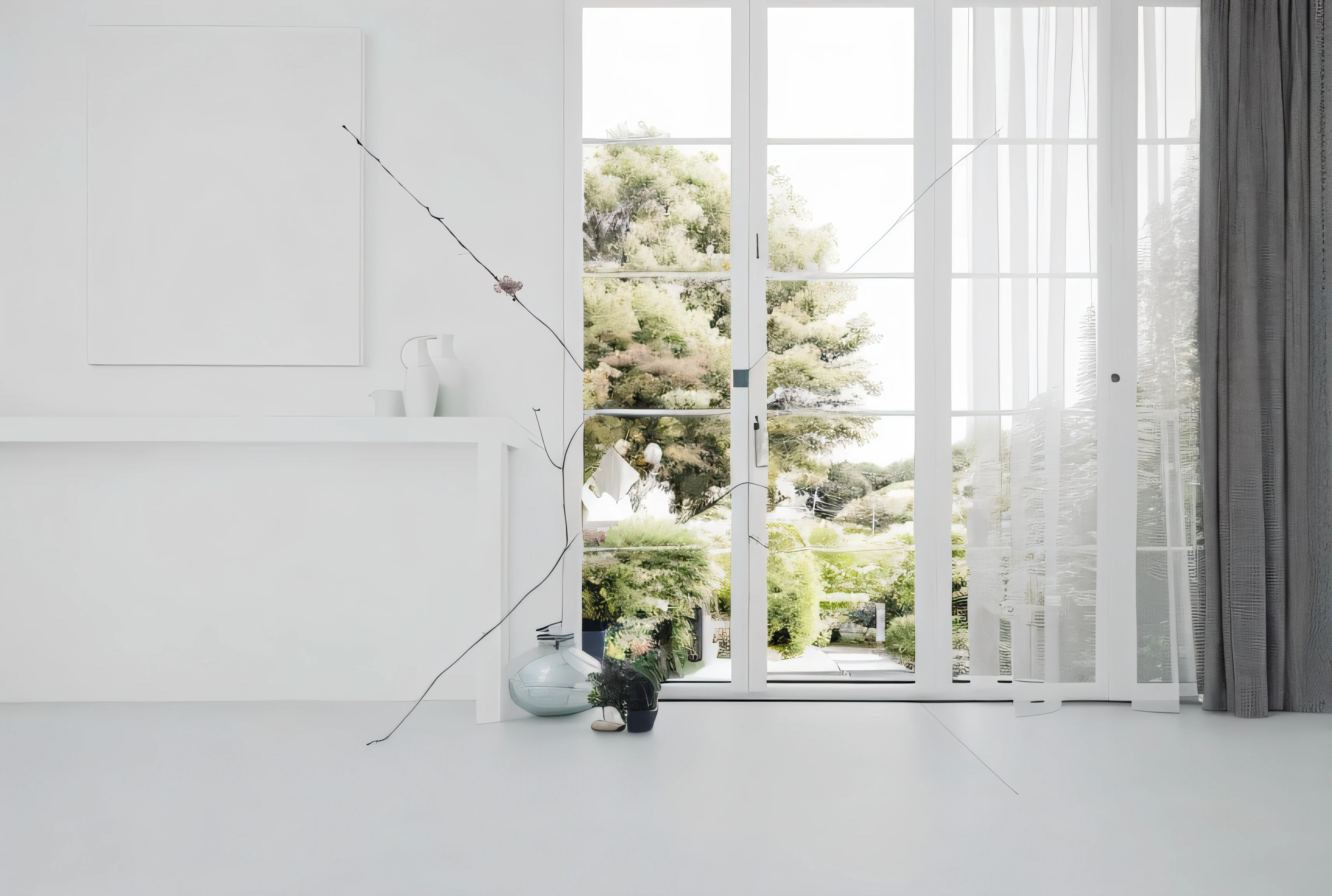 There is a vase on the floor in front of the window, inside white room, all white render, next to a big window, window in foreground, big glass window, bright render, large open windows, floor to ceiling window, big window, big window, sterile minimalistic room, room mono window, White Room, sitting in an empty white room