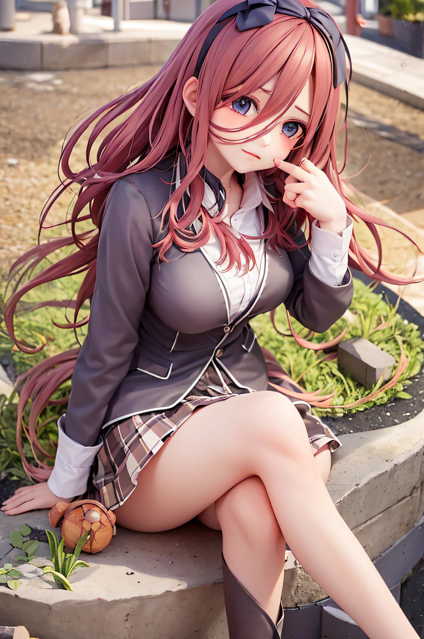 (Standing out from the crowd, Best quality: 1.2), Tik, 1 girl, Miku Nakano, Graves, Keep one's mouth shut, looking at viewert, Place your hands on your face, Sat down, crossed legs, collared shir, Thrown, a skirt, half turtle , upper legs, Large of breast)