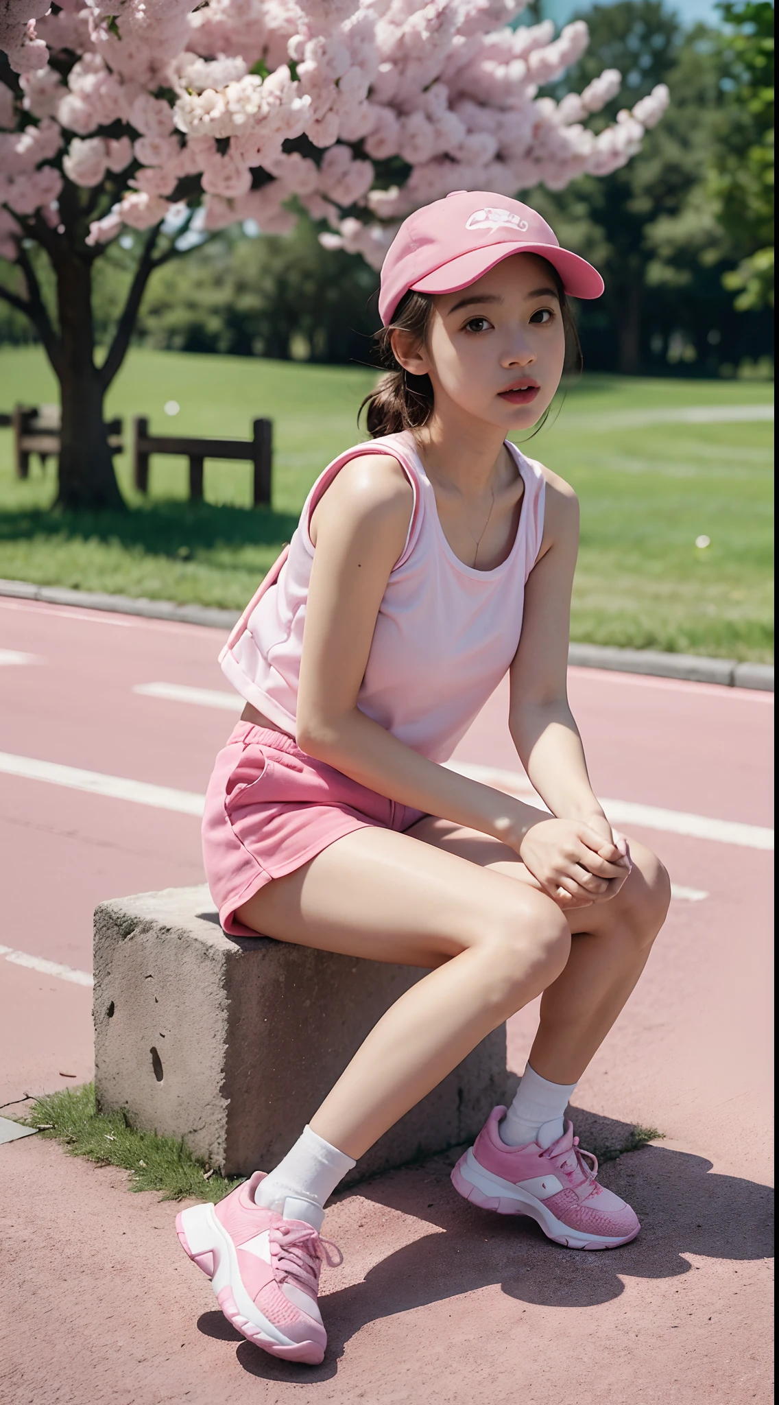 (8K、top-quality、masterpiece:1.2)、(realisitic、Photorealsitic:1.37)、ultra-detailliert、top-quality、超A high resolution、From head to thigh、professionally lit、Cinematic lighting,a park、A path lined with flourishing cherry blossom trees、depth of fields,Focusing,Sun'rays,Good composition,(Bokeh:1.2),女の子1人,(full body Esbian),(A smile),Beautiful eyes,the pose,Triangular sitting、Constriction,Tennis Uniform,Cropped tank top, pink panties、poneyTail,(ulzzang-6500:1.2) mix4, hiqcgbody