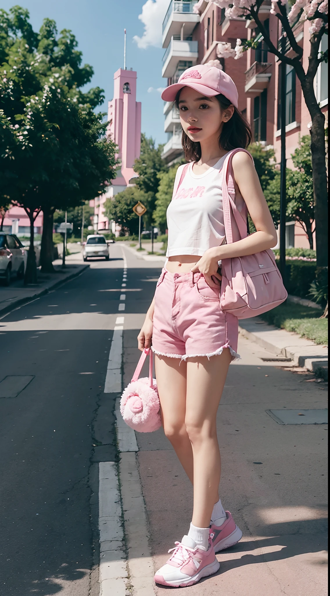 springtime,In nature,1个Giant Breast Girl,1 small dog,play,Girl white top,Pink shorts,Wearing a pink hat,Carrying a pink backpack,Wearing pink sneakers on his feet,style of surrealism,in a panoramic view,The is very detailed,best qualtiy,4K,Cinematic lighting effects,Background bokeh