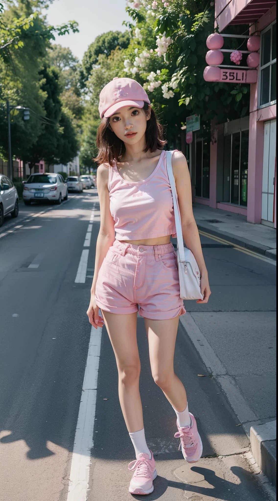 spring,In nature,1个Giant Breast Girl,1 small dog,Play,Girl white top,Pink shorts,Wearing a pink hat,Carrying a pink backpack,Wearing pink sneakers on his feet,style of surrealism,in a panoramic view,The is very detailed,best qualtiy,4k,Cinematic lighting effects,Background bokeh