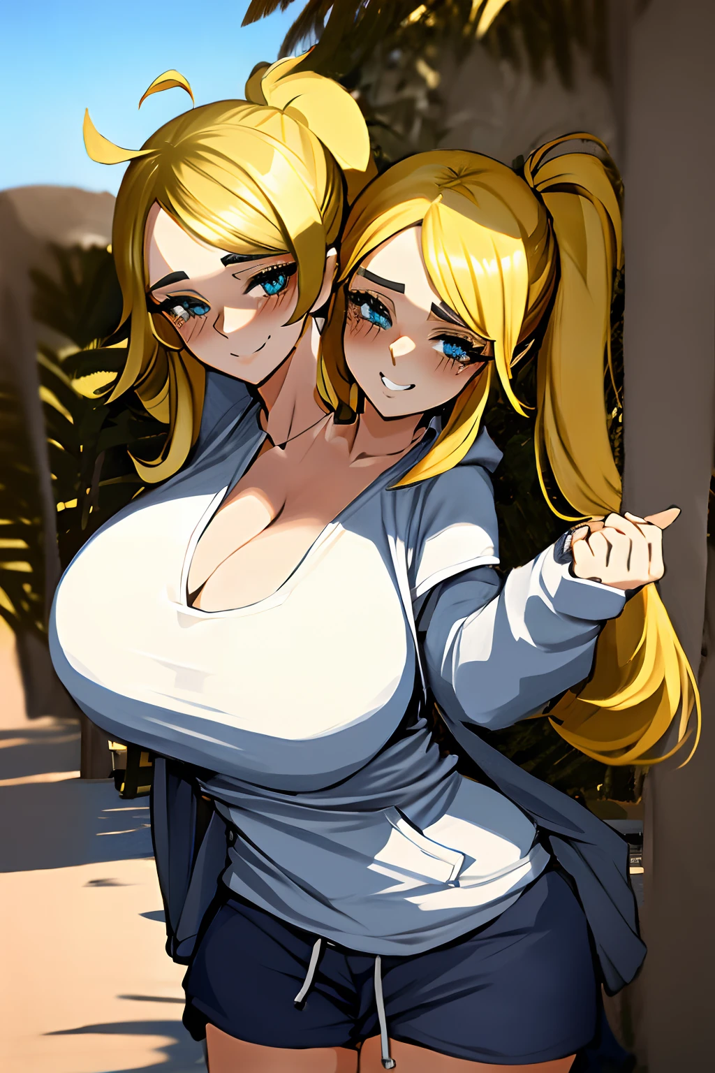 2heads, a short chubby woman with 2 heads. She has enormous breasts. She is inside a living room. She is wearing a baggy hoodie and sweatpants. She has gigantic breasts. She has long blonde hair. She is smiling. She is blushing. She has enormous breasts. Her breasts are very circular and round. She looks seductive. Her breasts are extremely huge and circular, her breasts are massive and round. Her hair is in a long ponytail.