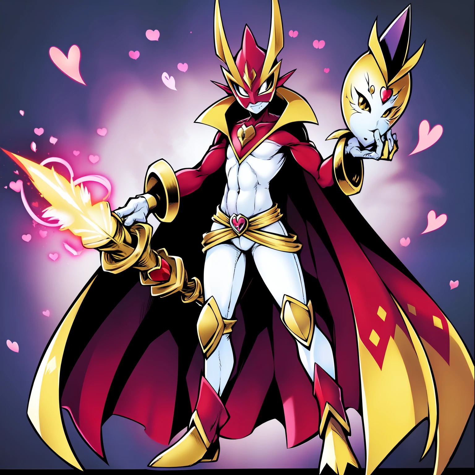 (masterpiece, best quality:1.2), solo, male focus, ((1boy)), ((riddle rosehearts as a Digimon 1.0)), angry, closed mouth,pout , looking at viewer, holding a scepter, mini crown, white shirt, cape, Pants ((white , black ,red and gold color scheme:1.4)),(( pink skin))((queen of hearts themed 1.1)), ((Dryad, Roses on body )), fairy ,digimon \(creature\),(( Lilimon inspired:1.5 )),(( mouth covered by mask)),((heart Details)),Attacking, Dynamic pose