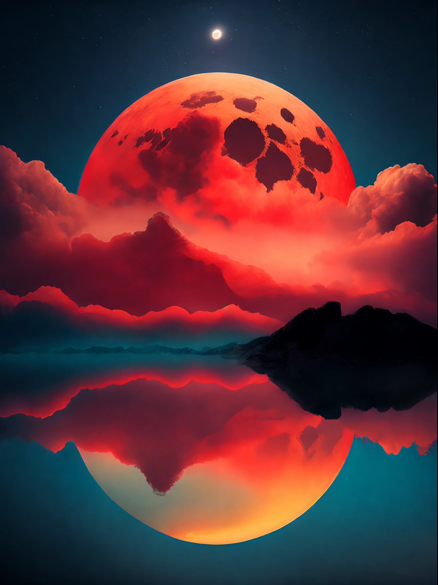 "Obra maestra surrealista. calidad excepcional. detalles sorprendentes. Surreal CG rendering of a dark red moon rising above a tranquil lake surrounded by red clouds, autoiluminado, Large area of clouds and fog in luminous tones, celestial lighting, Cosmic illumination, Experience the fusion of abstract and realistic elements. Colores vibrantes y contrastantes. Mysterious atmosphere. Surrealist technique in the representation of objects and figures. Organic textures and shapes. Dreamlike inspiration. Surprising composition and perspective. Adentrarse en un mundo surrealista lleno de sorpresas y emociones."