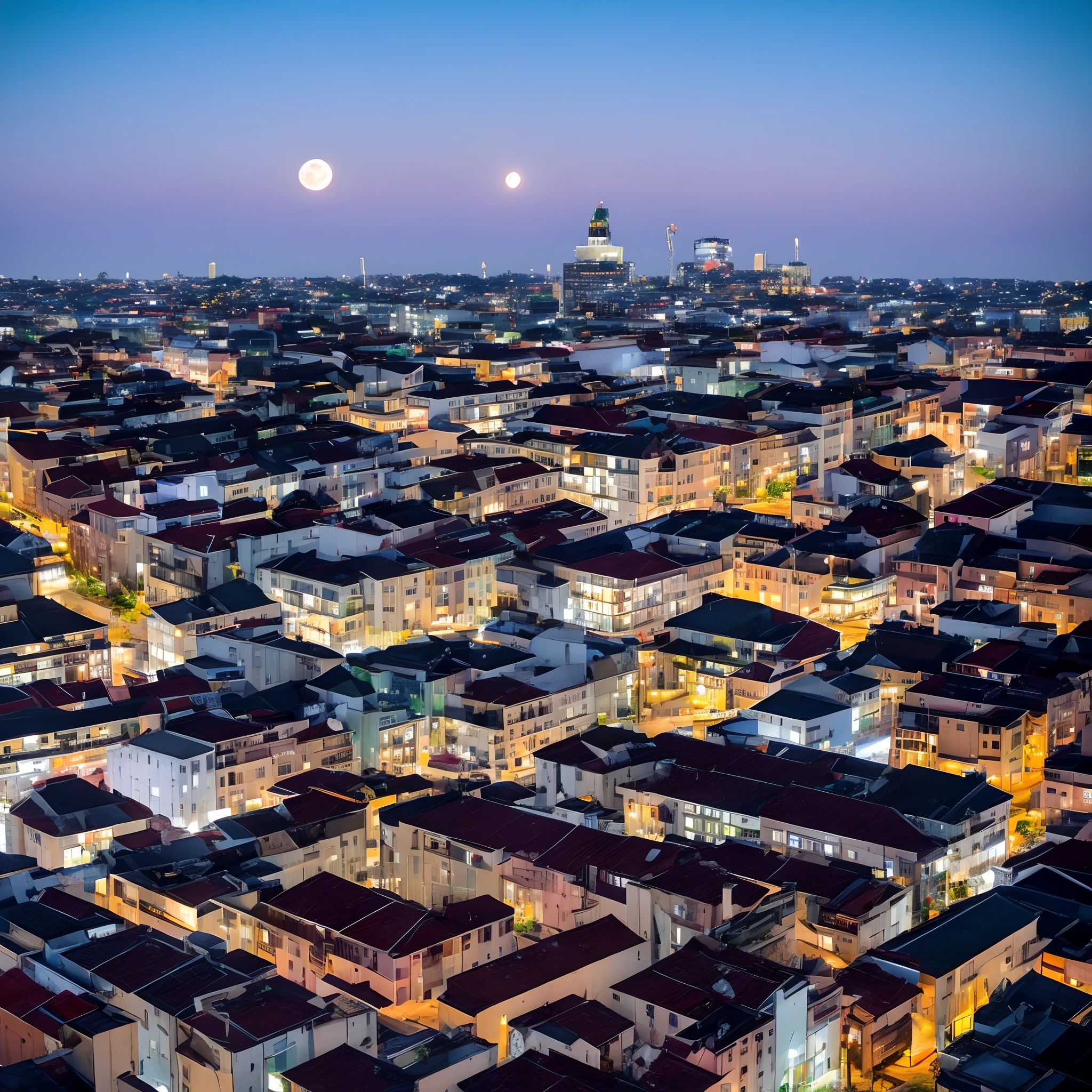 magro com olhos vermelhos e cabelos prateados arrepiados um sorriso enorme no rosto olhando para o espectador , moon night scenery on top of the roof of a building