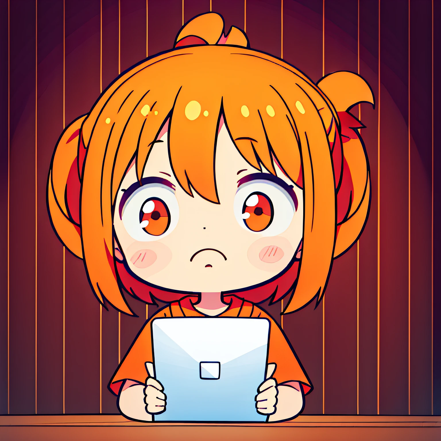 A little girl in an orange t-shirt, sitting in front of a computer, or holding a cell phone various shapes and expressions, line painting styledark whitelight beige, loose hand gestures, simple line work, lacquer painting, thick texture, style cute, emoji pack illustrations, Bold Comic Line style,dynamic modeling darkwhite, nine palace grid layoutwhite background,UHD,8k--niji 5