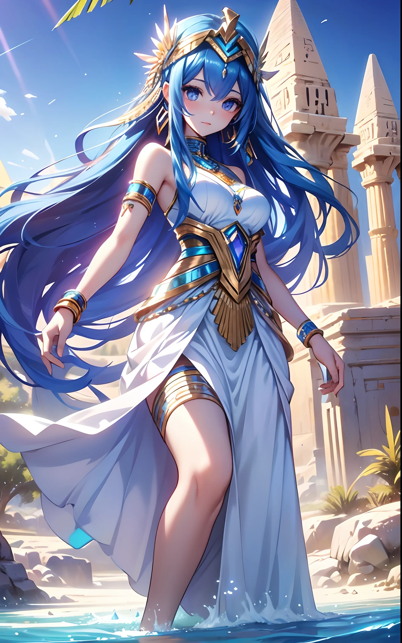 best qualityer，tmasterpiece，Ultimate resolution，downy，Extremely colorful，Colorful，Oasis background，Ancient Egyptian woman，Long azure hair，a matural female，Long white dress in Egyptian style，a white long skirt，Treading water，Desert oasis，Nile River，Normal posture