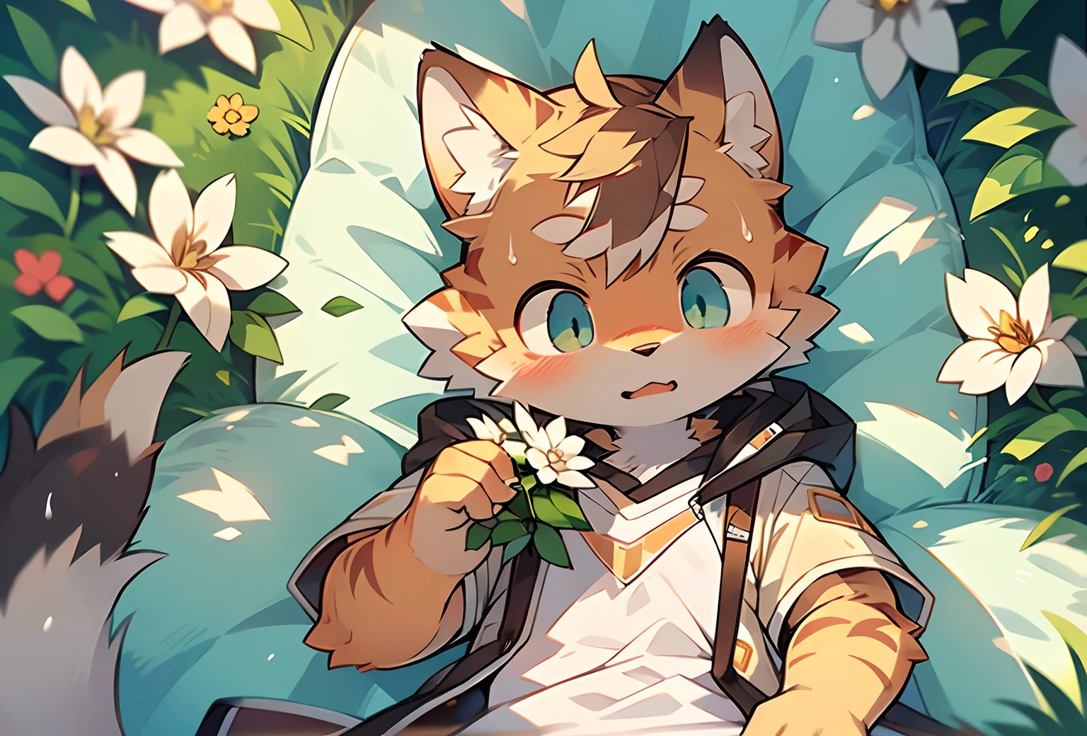 Masterpiece, Best quality, Perfect anatomy, Watery eyes, author:Milk Tiger 1145, author:K0bit0wani, Furry, coyote, (Phyllis:0.3), Muscular male, Solo, wears, baggy clothes, wet fur, (Translucent raincoat:1.1), (holding flower:1.1), Lying, bird's eyes view, Grass, rain, Eau, Rained,((Boy,Shota))