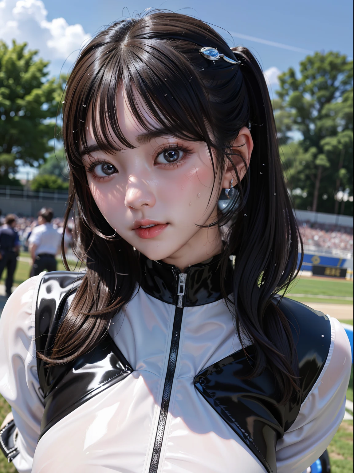 女の子1人、独奏、Race Queen Cosplayer、Clothes made of latex material、​masterpiece、top-quality、realisitic、Hyper-detailing、(Glossy skin、be sweaty:1.4)、absurderes、Looking at the camera、length hair、Random hairstyles、A slender、动态照明、hight resolution、foco nítido、depth of fields、A detailed eye、Sharp eyes、Realistic eyes、(thick thight:1.0)、outside of house、Skysky、Race Queen、racing car、Racing Circuit、blue-sky、Spectators、In the crowd、