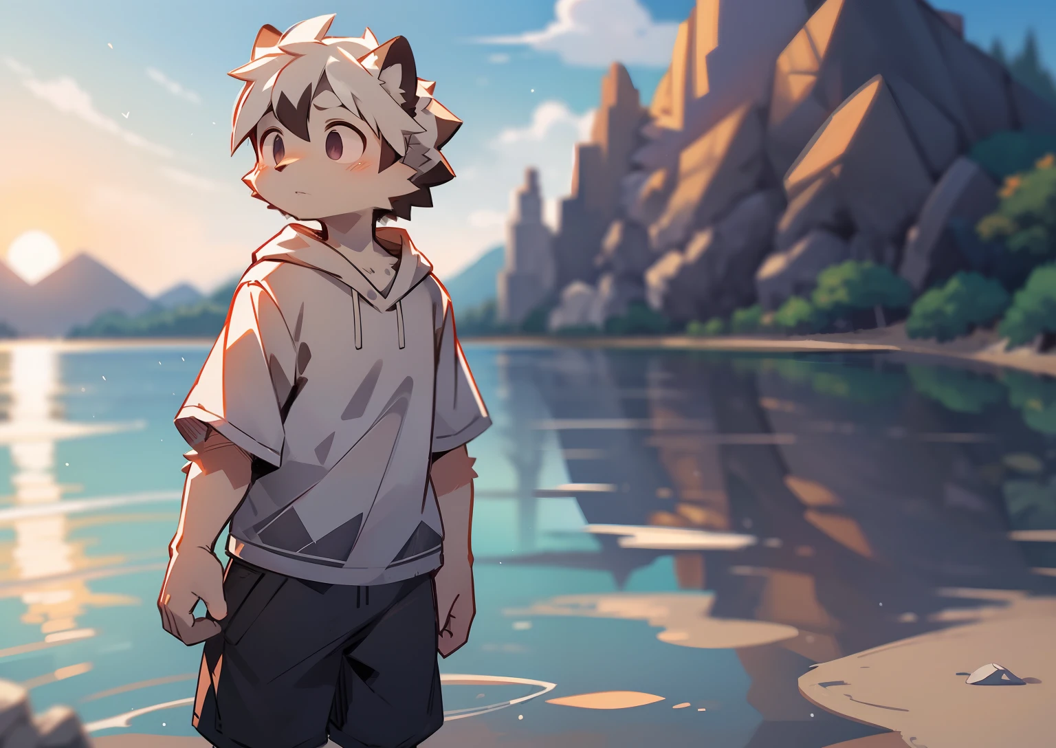 author:Jrjresq, author:Kirito,Libido boy,furry wolf,((Shota)), Black and white hair, Very good figure, Handsome,adolable, Light:Hazy light and shadow, Reflective skin,Reddish skin,((worn-out clothing,Commoner)) ,((beachside,standing on the rock,islands,独奏,solo person)),Outdoor sunset,((the detail)),(depth of fields),standing on your feet