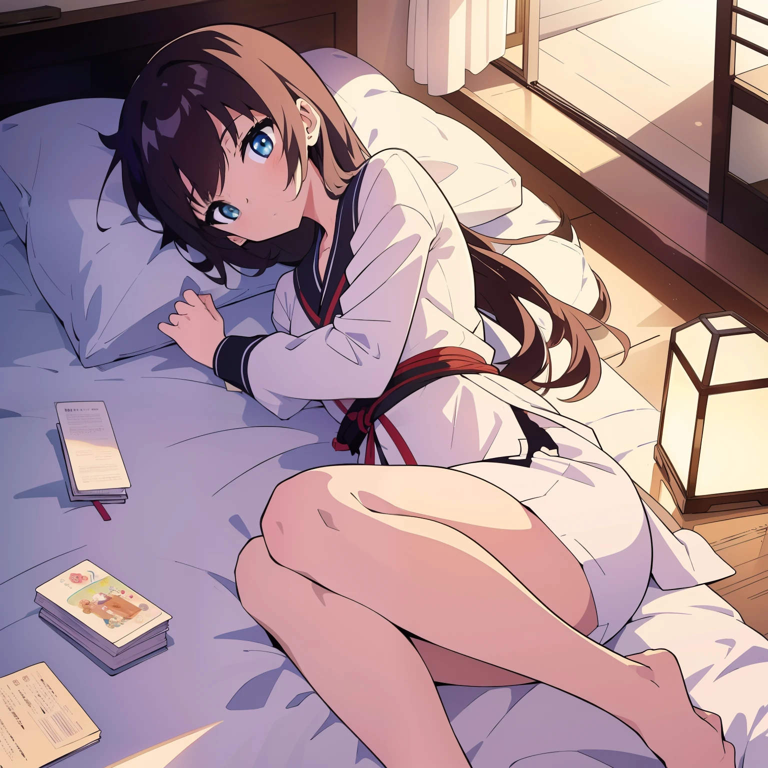 best quality))),(((ultra detailed))),(((masterpiece))),illustration, Korean manga style, closed eyes, footsteps, uncovering, bedding."