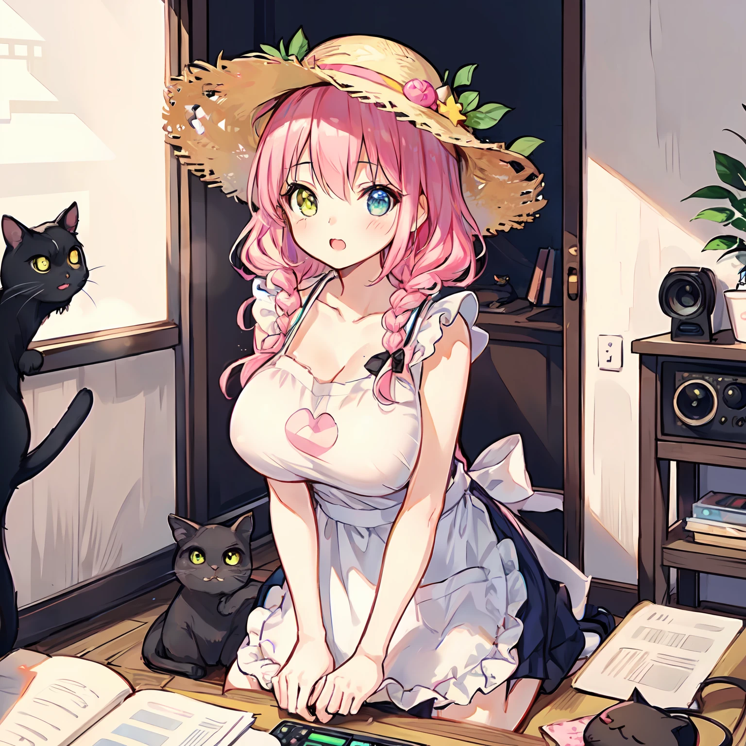 (Very detailed CG Unity 8k wallpaper), (Best Quality), (Super Detail), (Best Illustration), (Best Shadow), POV, Realistic lighting and shading, Natural light, Lens flare effect, BREAK, 1 beautiful girl, Solo,(Cute:1.5),(Chibi:0.8), (kawaii:1.5),(Lori:0.5), BREAK, ( (17 years old girl), Very detailed, colourfull, highest details, BREAK, (Huge breasts: 1. 2,), Clear skin, Beautiful skin, Shy skin, 1 beautiful girl,{Heterochromia,pale blue eyes,pale green eyes:1.5}, star eye silhouette, Break HA , (A pink-haired, Medium length:1.2),(Braided hairstyle:1.1),(Large breasts:1. 5), (long eyelashes, Double eyelids: 1. 2), Solo, gleaming skin, BREAK,(White Plain T-Shirt:1.2), (:C:1.2), (Yellow Long Skirt,Black cat and apron :1.1), (pumps:1.1),(Straw hat with ribbon:1.3),BREAK,(in a house:1.5),Angle from the front, (Radio Studio Background:1.1), One Person, (), (The table,mixer,microphone), ,Open mouth, (Sunlight: 0.3), (Lens Flare: 0.3), (frombelow: 1.25),breasts up