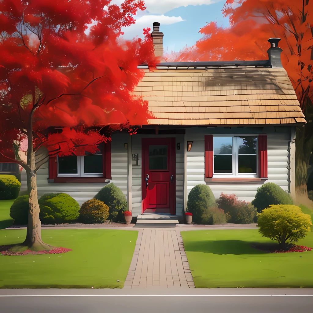 There is a cottage，There is a large tree with red leaves next to it，The girl is in front of the door