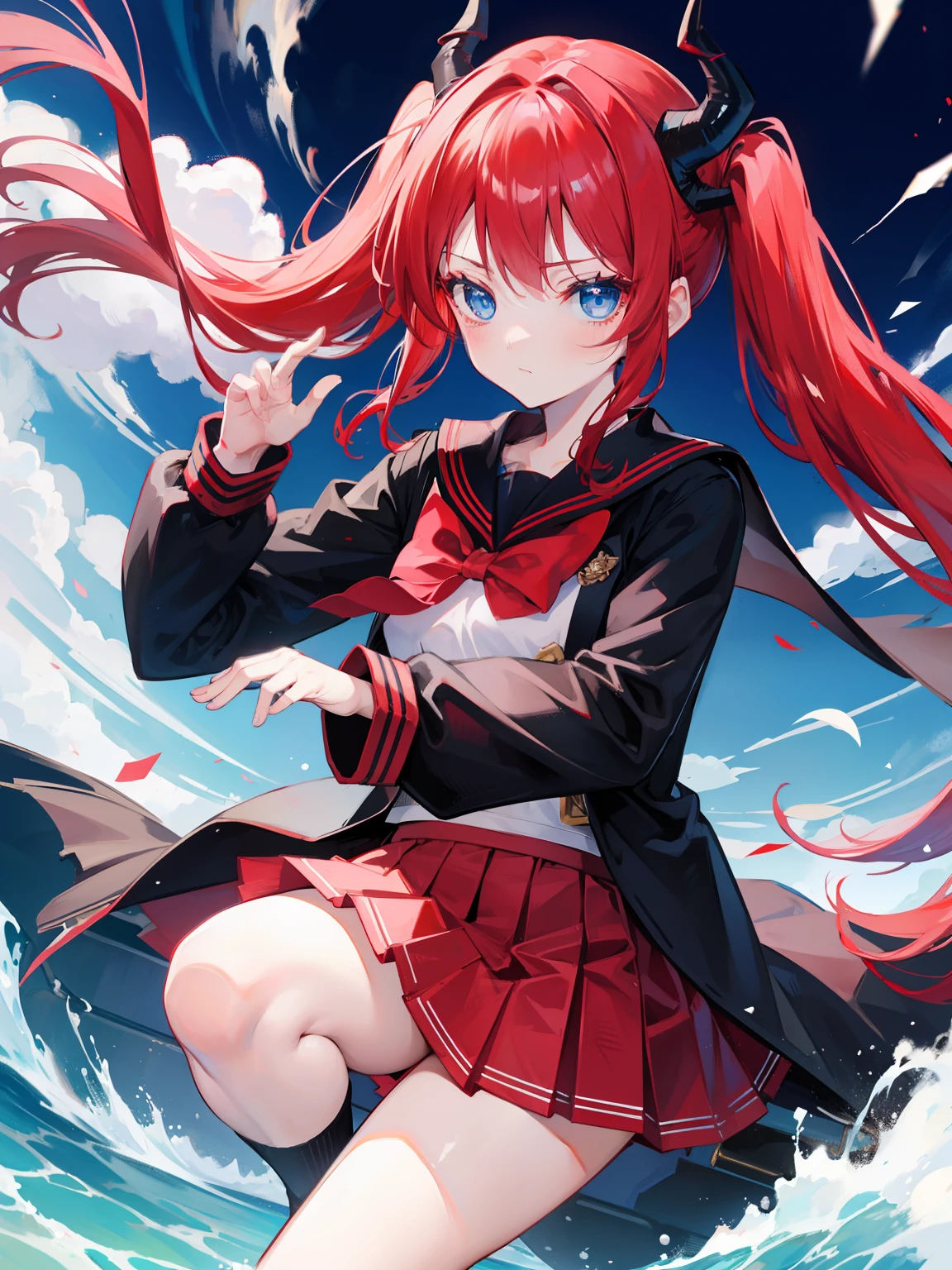 red hair, blue eyes, twintails, Sailor suit,black coat, Dragon horns,Pleated skirt,solo,li,cute,bow