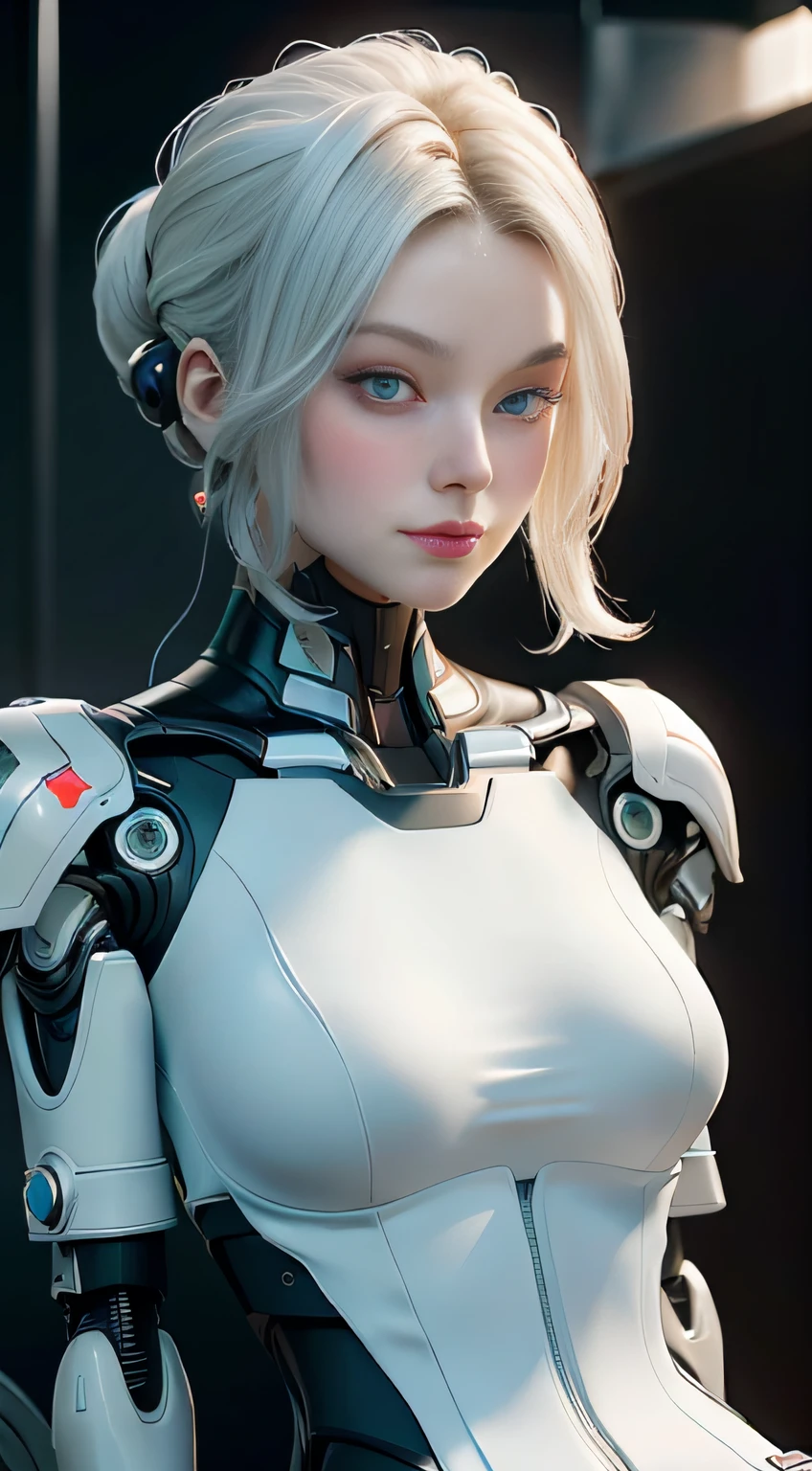 (best quality,8k:1.2,high resolution:1.2),ultra-detalhado,Realistic,retro science fiction female superhero,white short hair,rosto extremamente detalhados,long eyelashes,shiny metalic chrome armour, Apertado,pantyhose,gloves,Physically-based rendering,foco nítido,white studio lighting