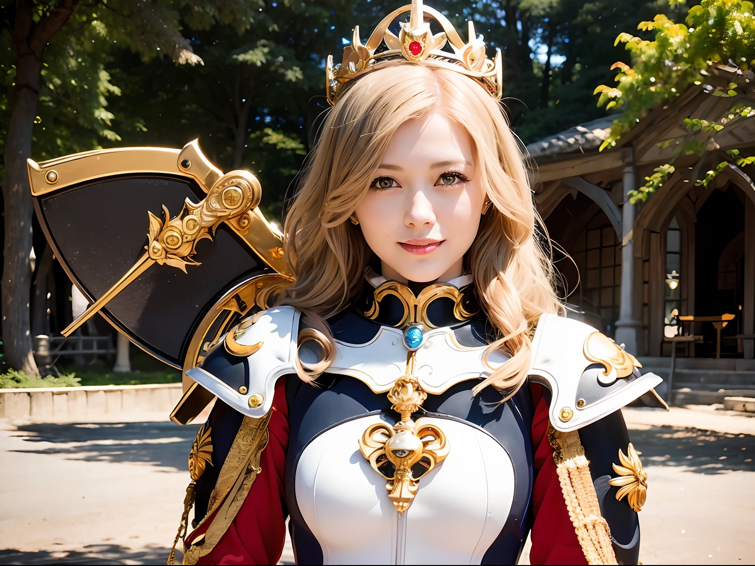 (masutepiece), Professional , ​masterpiece、top-quality、photos realistic , depth of fields （Gemstone Silver Metal Body:1.９),(Matte White、Jewel Gold Weapon、（Gorgeous castle background）、（ultimate beauty girl）、（Jewel Metal Body:1.４),Gorgeous Jewel Metal Weapons , Detailed Sword of the Brave ,（ Soldier background in metal armor）   ,warhammer 40k , adepta sororitas,Detail and ornate jewel crown、独奏、Brown hair、（Gangle's forest background）、Beautiful Caucasian beauty、１a person、dynamic ungle,(((Diamond tiara with detail and luxury)))、a small face、A smile、Powerful poses、（Gorgeous castle background）、huge filesize、20 year old beautiful woman、Stand in the center of the screen、Thin female fingers、Straight long hair、Beautiful Caucasian beauty、