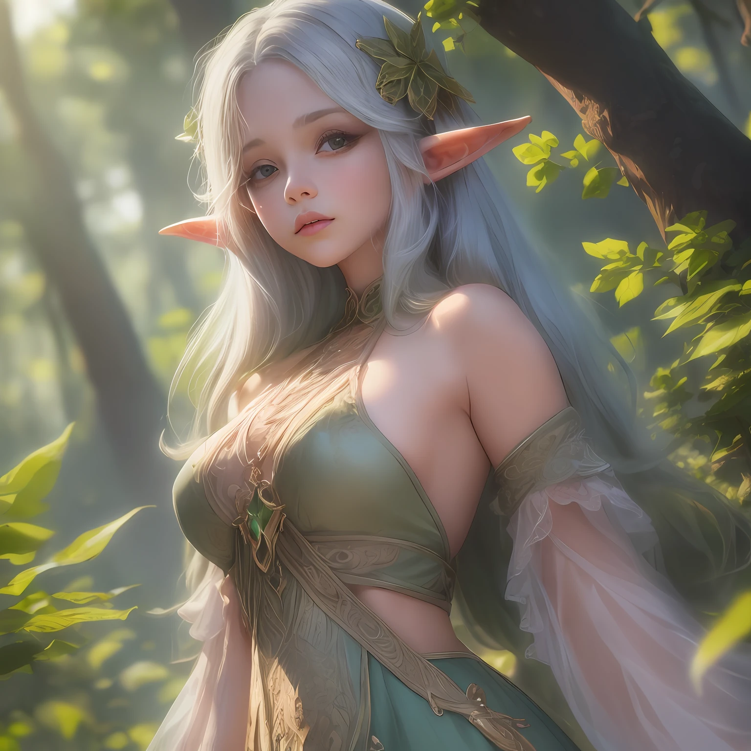 The most beautiful and sexy elf naked warrior princess, white hair, purple eyes, huge gigantic nude tits and nipples exposed, dripping wet and sweaty body, drenched in lots of cum bukkake style, tons of tattoos and piercings, flower pedals and butterflies blowing in the wind, in an enchanted forest, highly detailed background, perfect masterpiece, high quality, high resolution