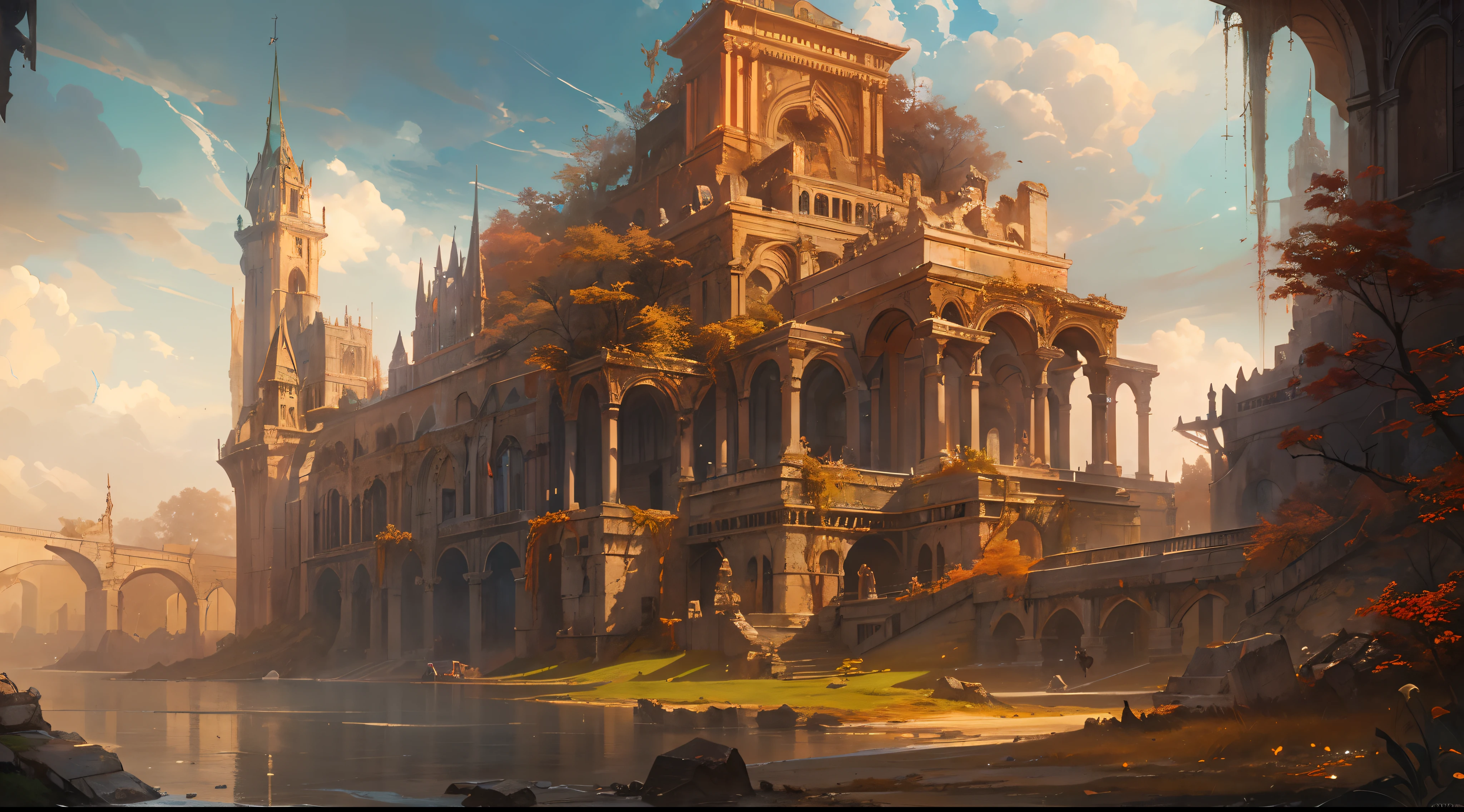 (by Greg Rutkowski: 1.2), (masterpiece), (best quality), extremely delicate and beautiful, illustration, (fantasy landscape), enchanting atmosphere, magical elements, vibrant colors, ethereal beauty, gigantic structure, majestic ancient ruins, whimsical architecture, dreamlike scenery, depth of field, HDR, intricate, delicate