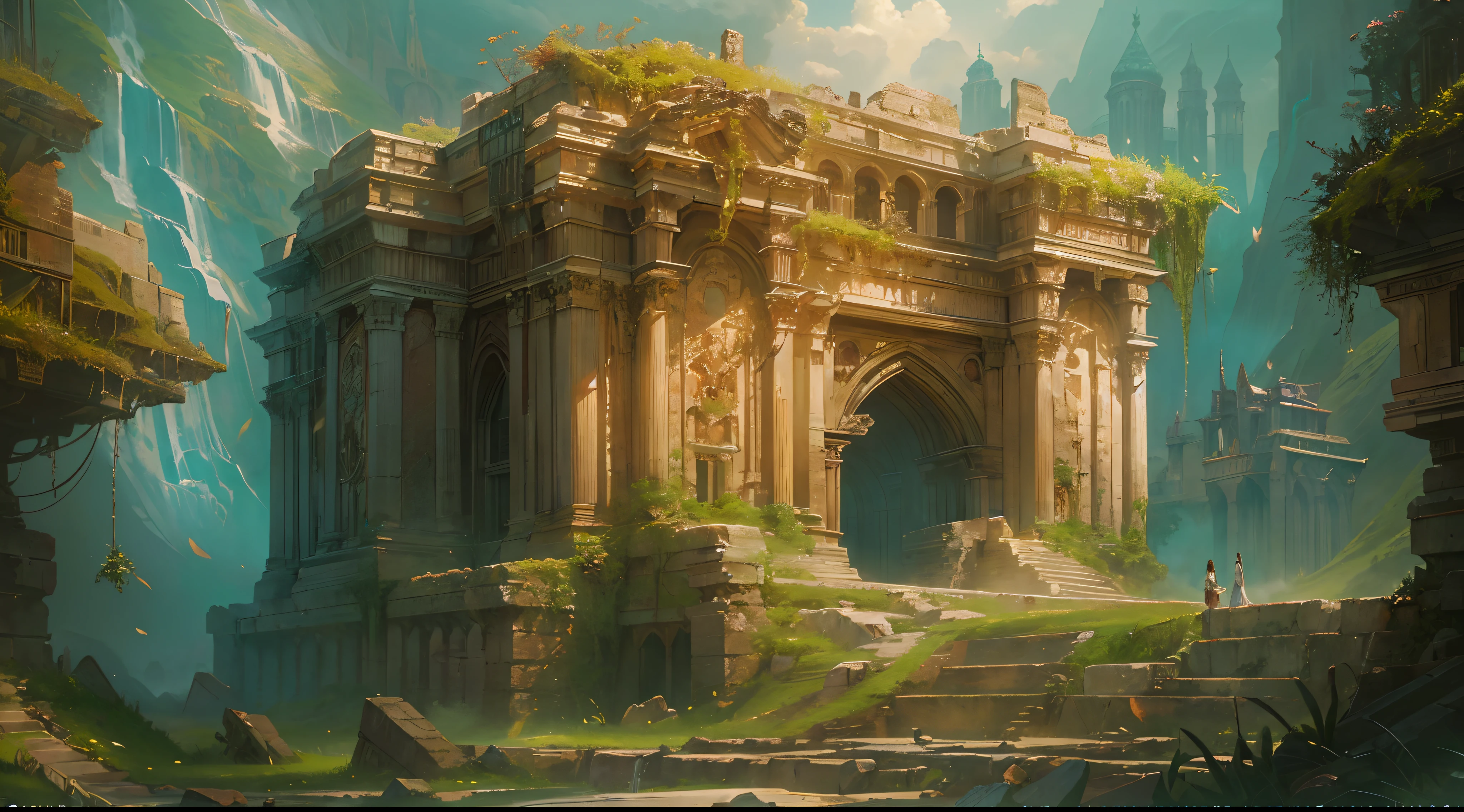 (by Greg Rutkowski: 1.2), (masterpiece), (best quality), extremely delicate and beautiful, illustration, (fantasy landscape), enchanting atmosphere, magical elements, vibrant colors, ethereal beauty, gigantic structure, majestic ancient ruins, whimsical architecture, dreamlike scenery, depth of field, HDR, intricate, delicate