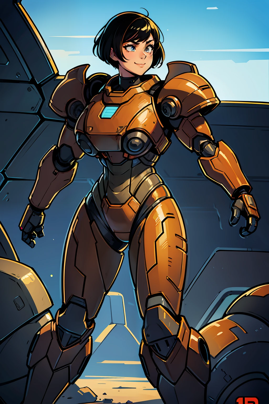 sexy, professional artwork, detailed eyes, beautiful eyes, beautiful face, flawless face, gorgeous face, smooth features, blush, thick thighs, beautifully detailed background, sci-fi, science fiction, future, neon lights, space ship interior, space ship, space, space visible through window, outer space, mechanical background, power armor, power suit, armored, armor, cyberpunk, cyborg, cyborg woman, cybernetics, cybernetic, robot, robotic arm, robotic leg, smiling, short hair, black hair, black armor, heavy armor, mecha suit, retro armor, bare metal armor, rust, dark armor suit, armor suit, metal breastplate, fully armored, full plate, power armor, fully covered, voluptuous, curvaceous, thicc, masamune shirow, three quarter view, from side, sprinting