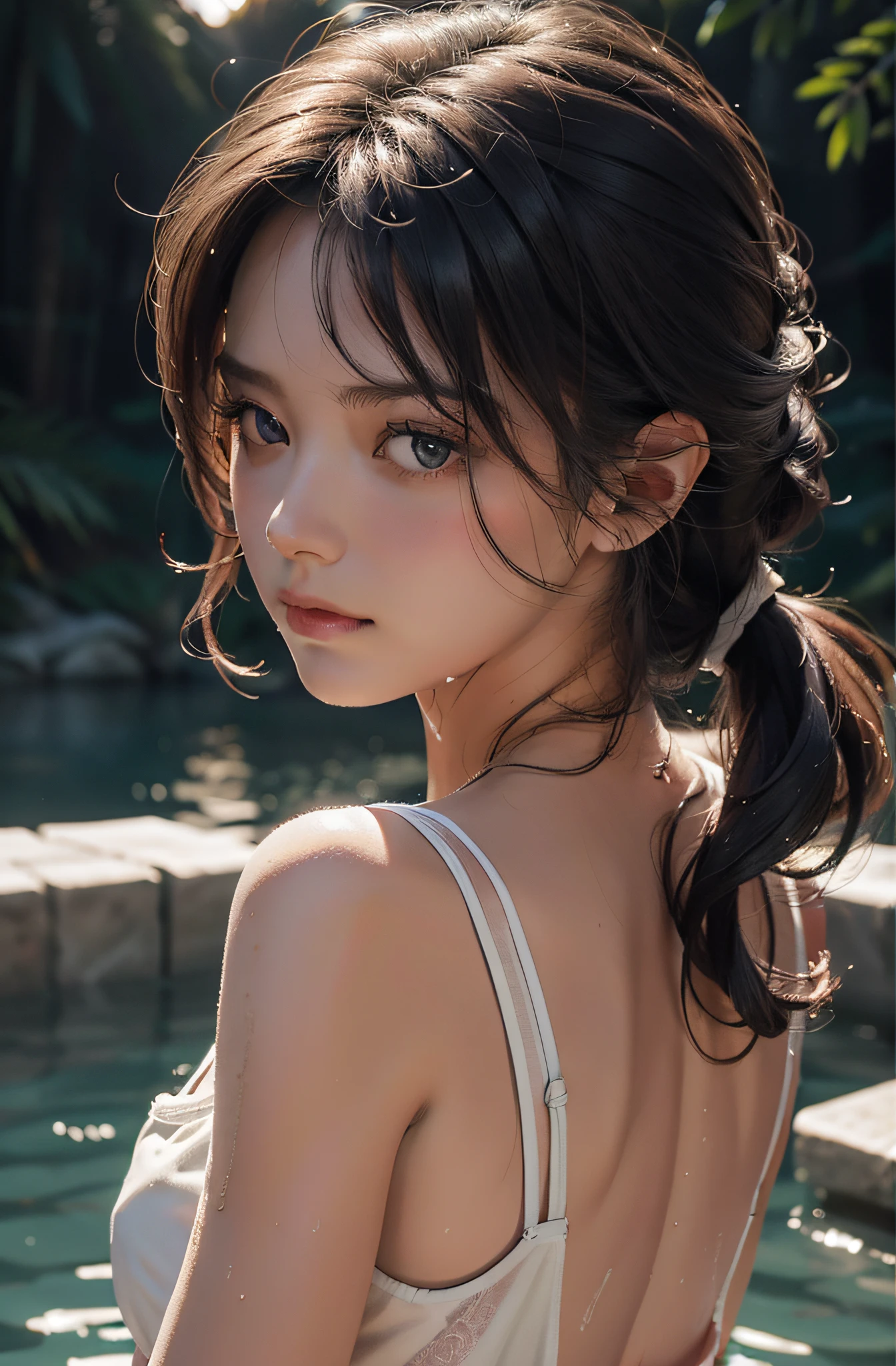 (((Masterpiece))), (((portrait))), Kujou Sara, diffused light, dynamic shadows, sharp focus, realistic, detailed, highres, absurdres, white background, no bra, photorealistic, lifelike, wet, mascara, blushing, sleeveless, youthful appearance, pee stain, white panties, (((nudist))), (((swept bangs))), (((side braided ponytails))), (((lips apart))), (((side))),