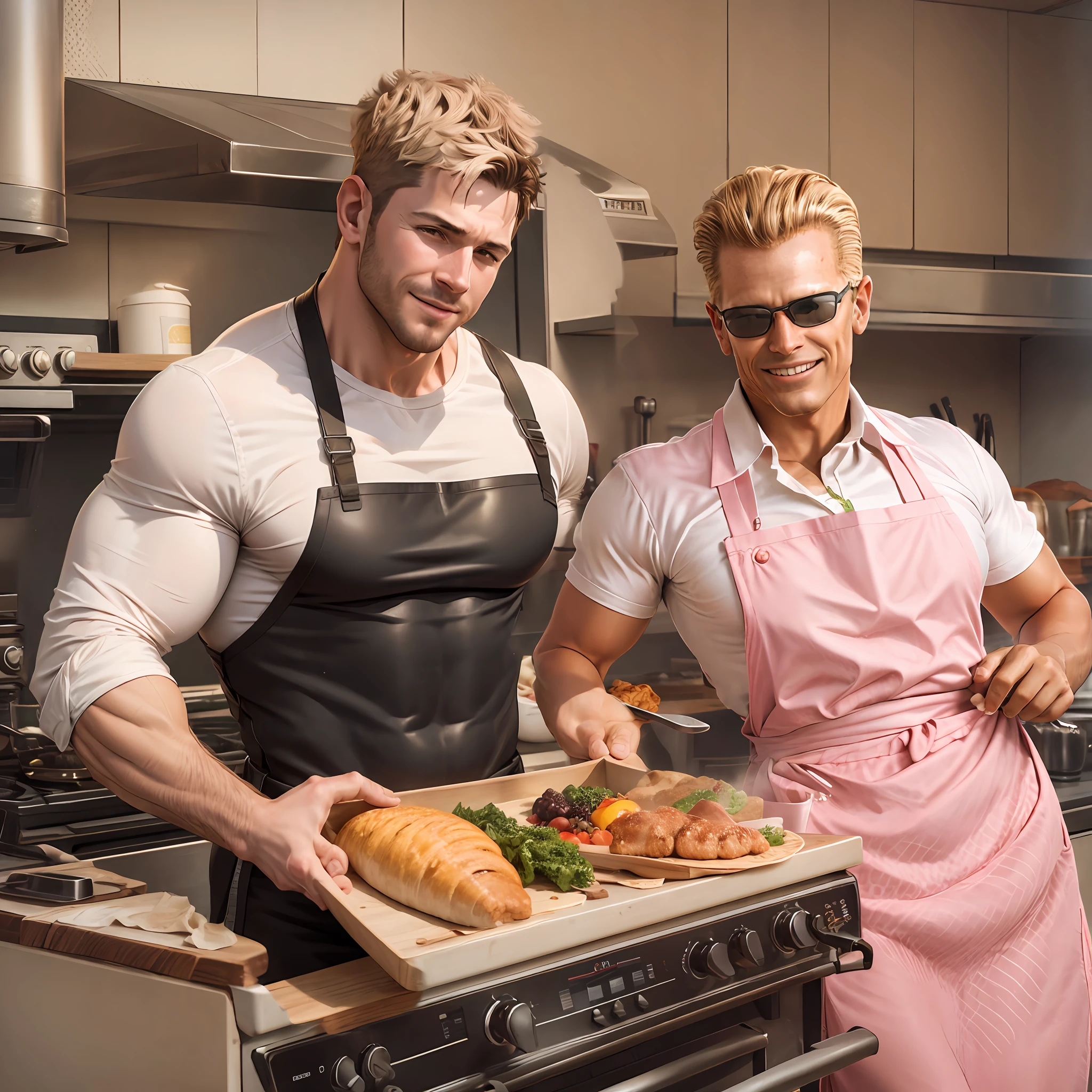a portrait of 40 yo Albert Wesker, sexy, (nude torso:1.1), (black lenses:1.1), (maid uniform:1.1), apron, (cooking pancakes:1.1), pronounced masculine feature, legwear suspenders, kitchen, digital art, 8k, detailed, masterpiece