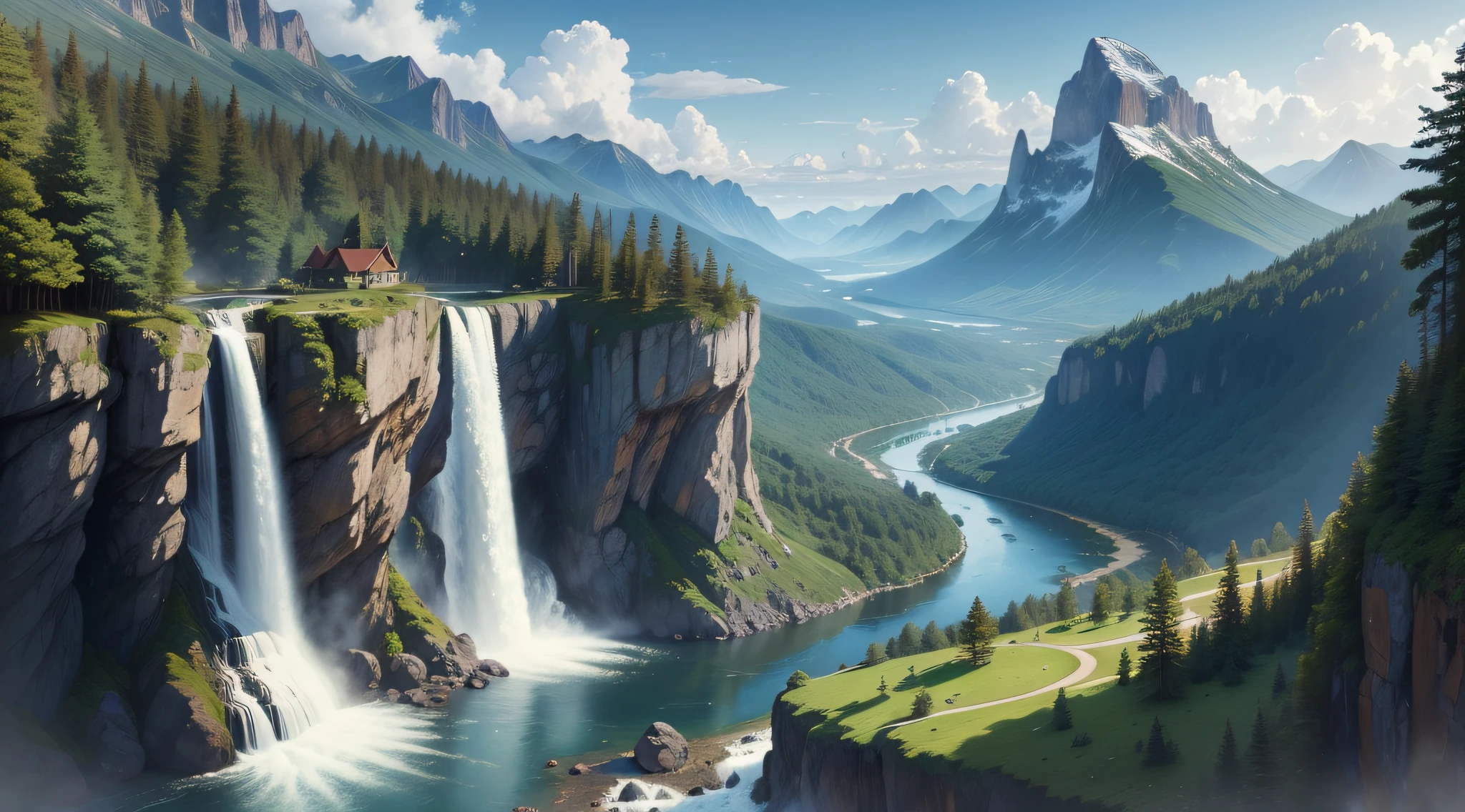 High mountains and flowing water，waterfallr，casa，the trees，ln the forest，Natural scenery，Spectacular waterfall，Distant mountain scenery，Ultra clear painting scenery waterfall beauty