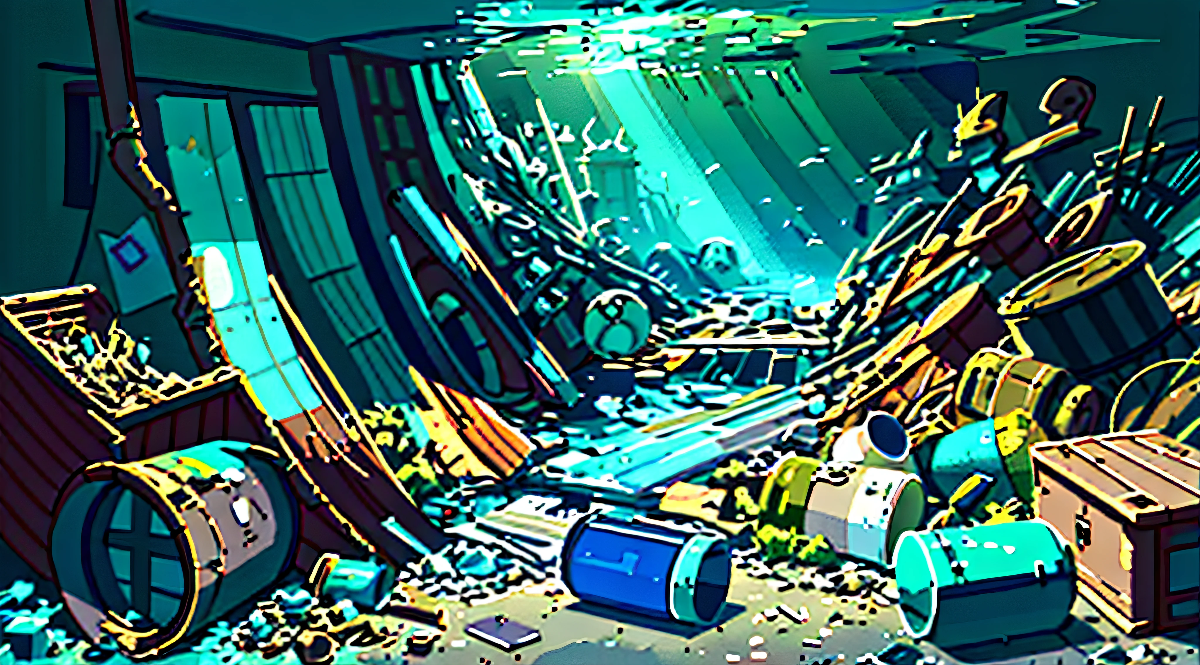 There is a room with a lot of garbage and trash cans, beautiful 3 d concept art, underwater environment, undersea environment, 3 d epic illustrations, Environmental concept art, 8k High Detail Concept Art, rolands zilvinskis 3d render art, Environmental Artist, in the art style of Filip Hodas, Environmental concept art, highly realistic concept art