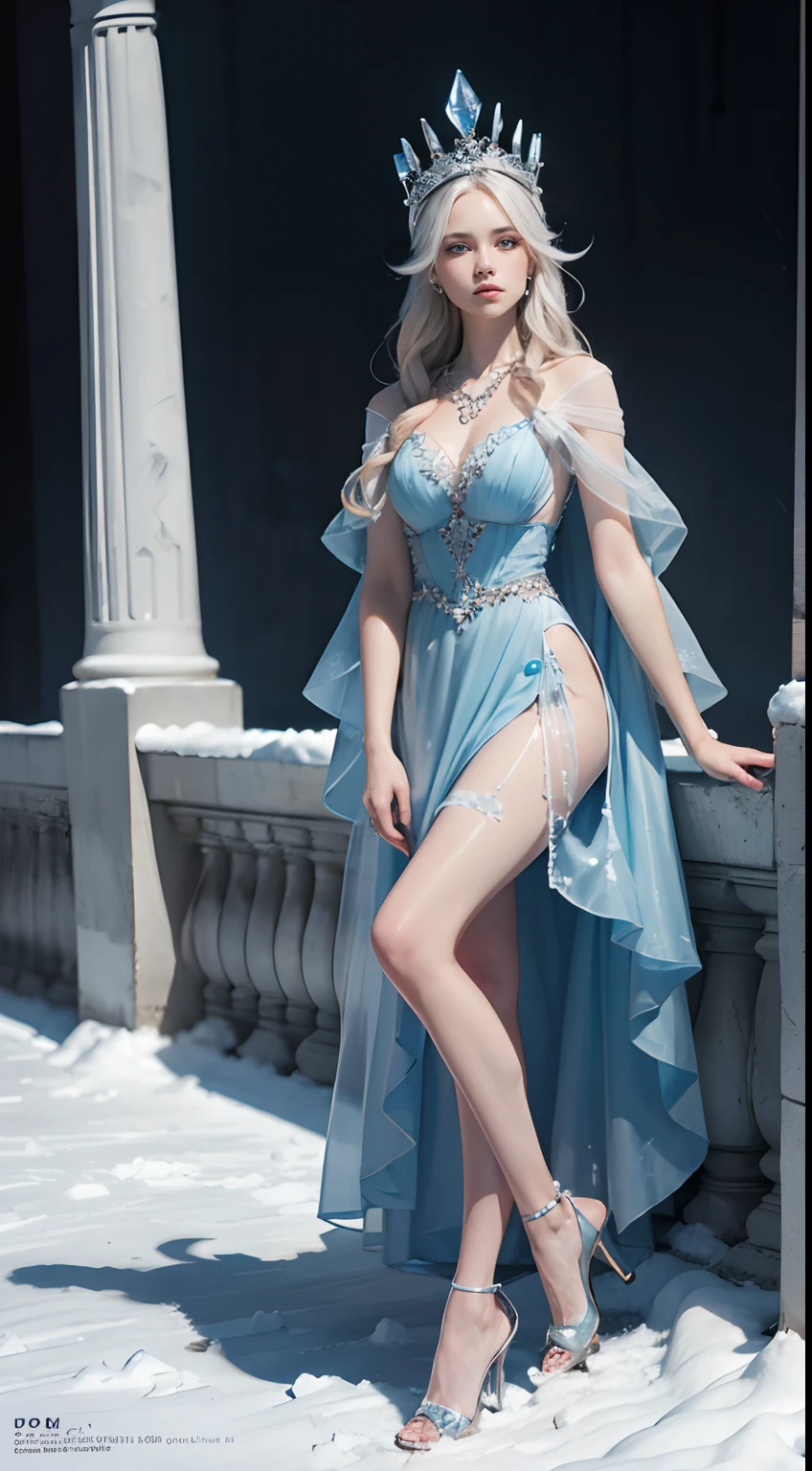 Snow Queen, Ice Blue Dress, Long Hair, Ice Headgear, Ice Crystal Necklace, Ice Wand, High Heels, Icy Eyes, Breath of the Ice Queen, Top Shot, Loose Hair, Master Works, Best Picture Quality, More Detail, Ultra High Resolution, Mood Lighting, Soft Light, Ambient Lighting, Pixiv Trend, Best Image Quality, More Detail, Ultra High Resolution, Ambient Lighting,