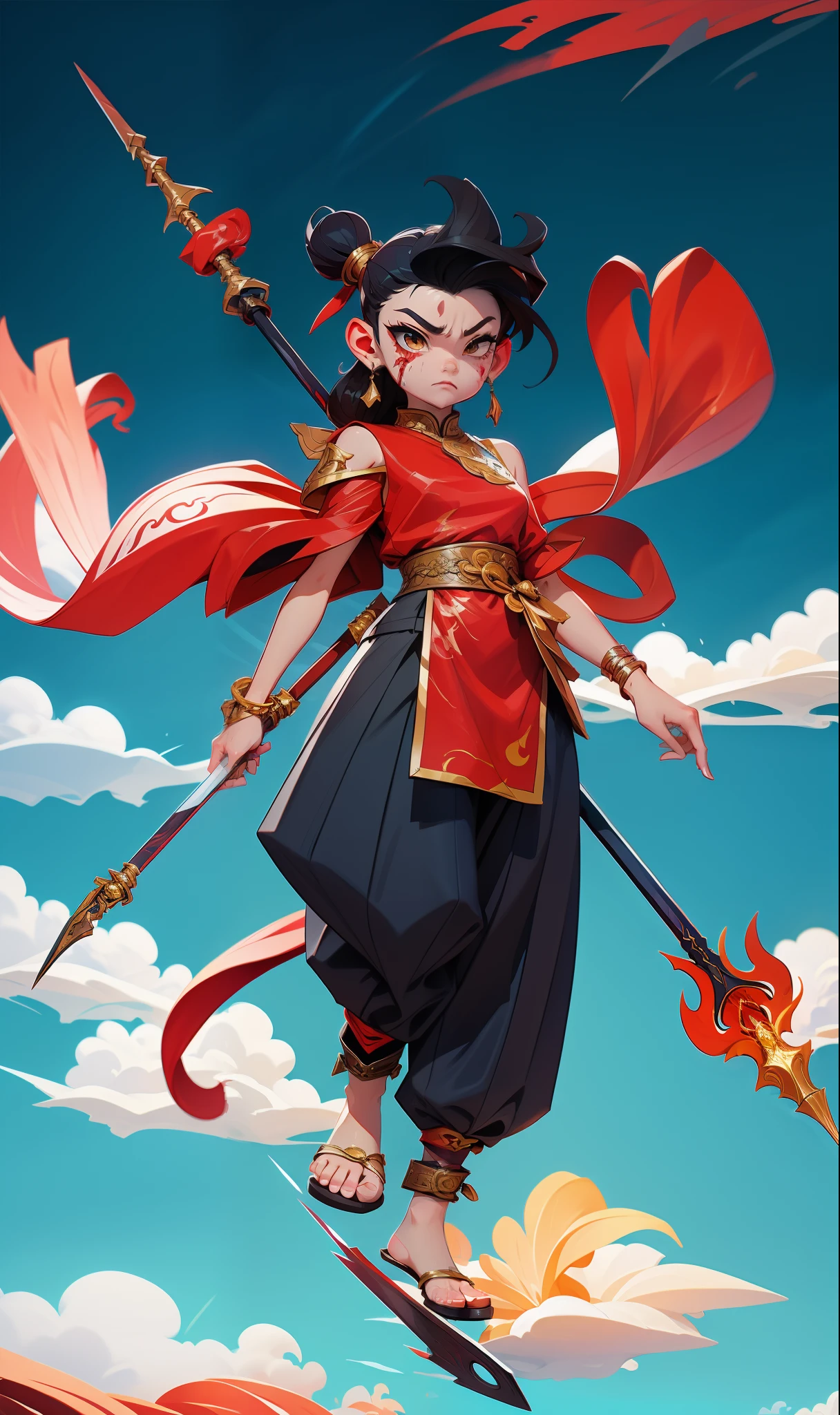 1girl, blood on face, angry, holding spear, (flying), chinese mythology,cloudy, detailed sky, abstract background, (flame_surge_style:0.5)