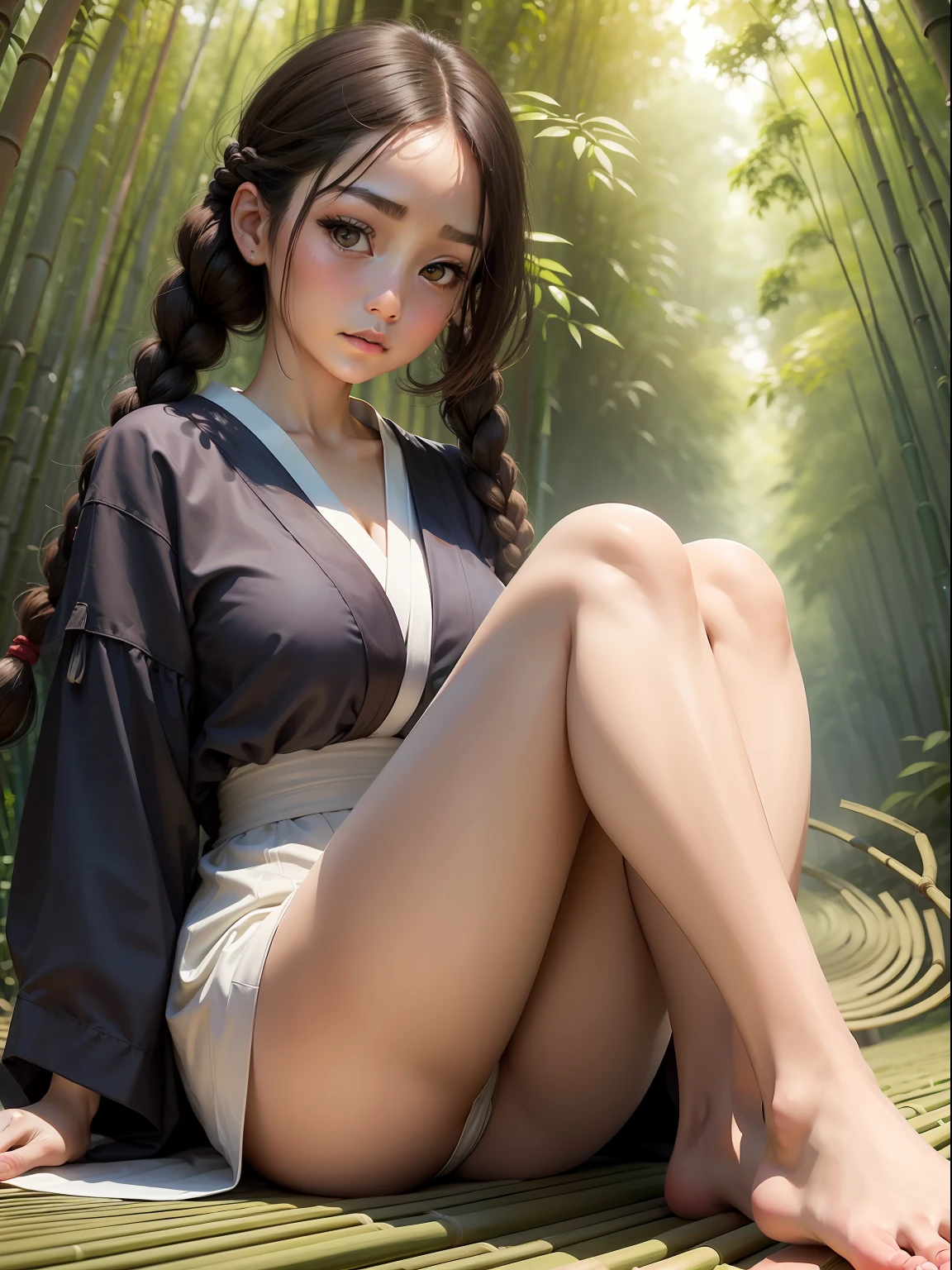 Beautuful Women，White，Rounded face，Brunette hair with twisted braids，JK packing，bamboo forest background，Barefoot，Japanese style face，Legs forked