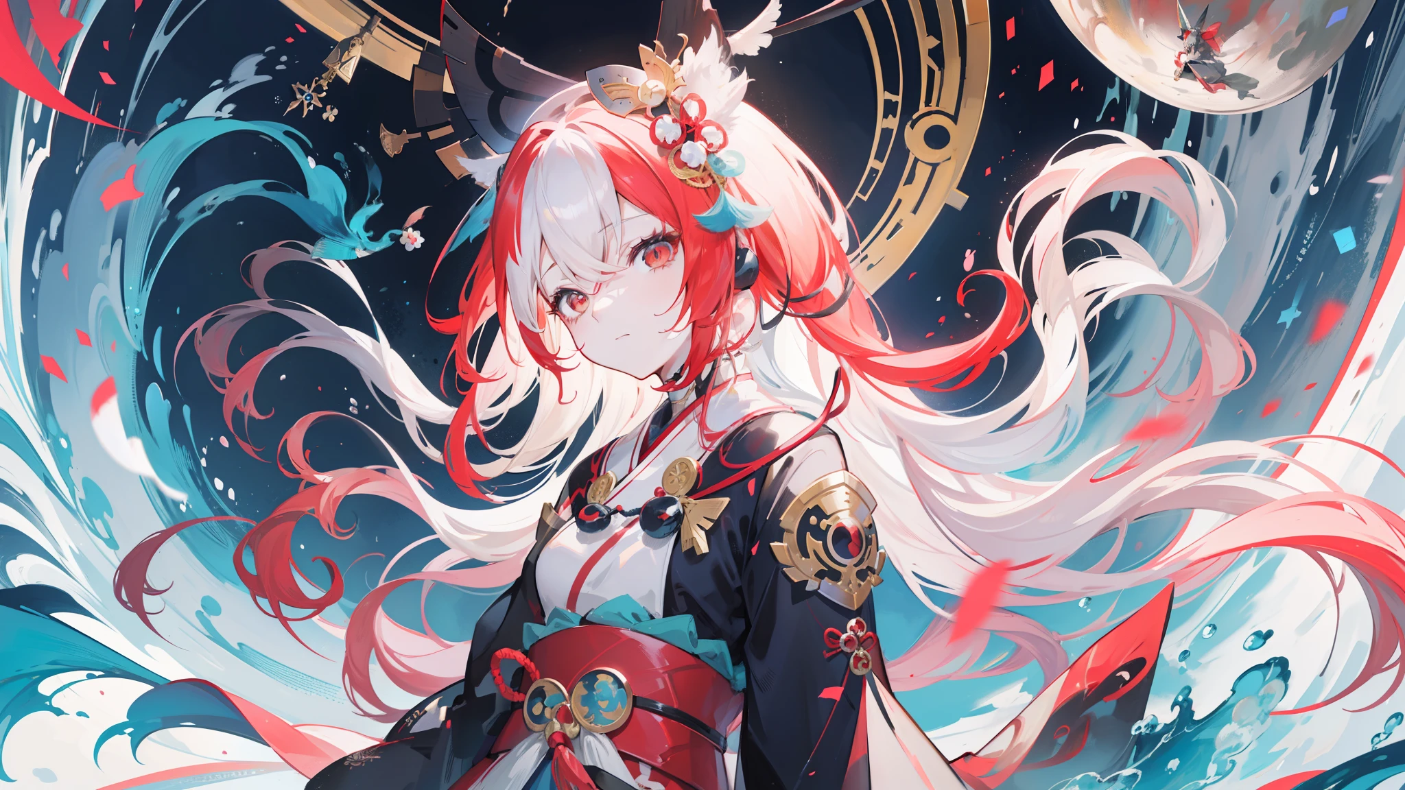 Anime girl with long hair and red and white hair sitting on a rock, Detailed digital anime art, Best anime 4k konachan wallpaper, Anime fantasy illustration, style of anime4 K, Anime art wallpaper 4k, Anime art wallpaper 4 K, Onmyoji detailed art, Detailed key anime art, onmyoji portrait, high detailed official artwork, detailed anime art