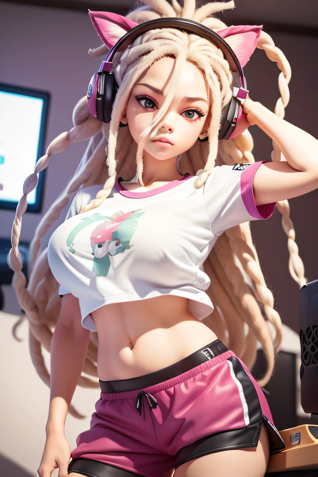 (melhor qualidade) jovem, sozinho, pele perfeita, seios grandes, Albina, Dreadstyle branco, (((Dreadstyle)), Features Afro Albino, ela esta usando apenas uma blusa, (gamer girl), usando headphone de neko