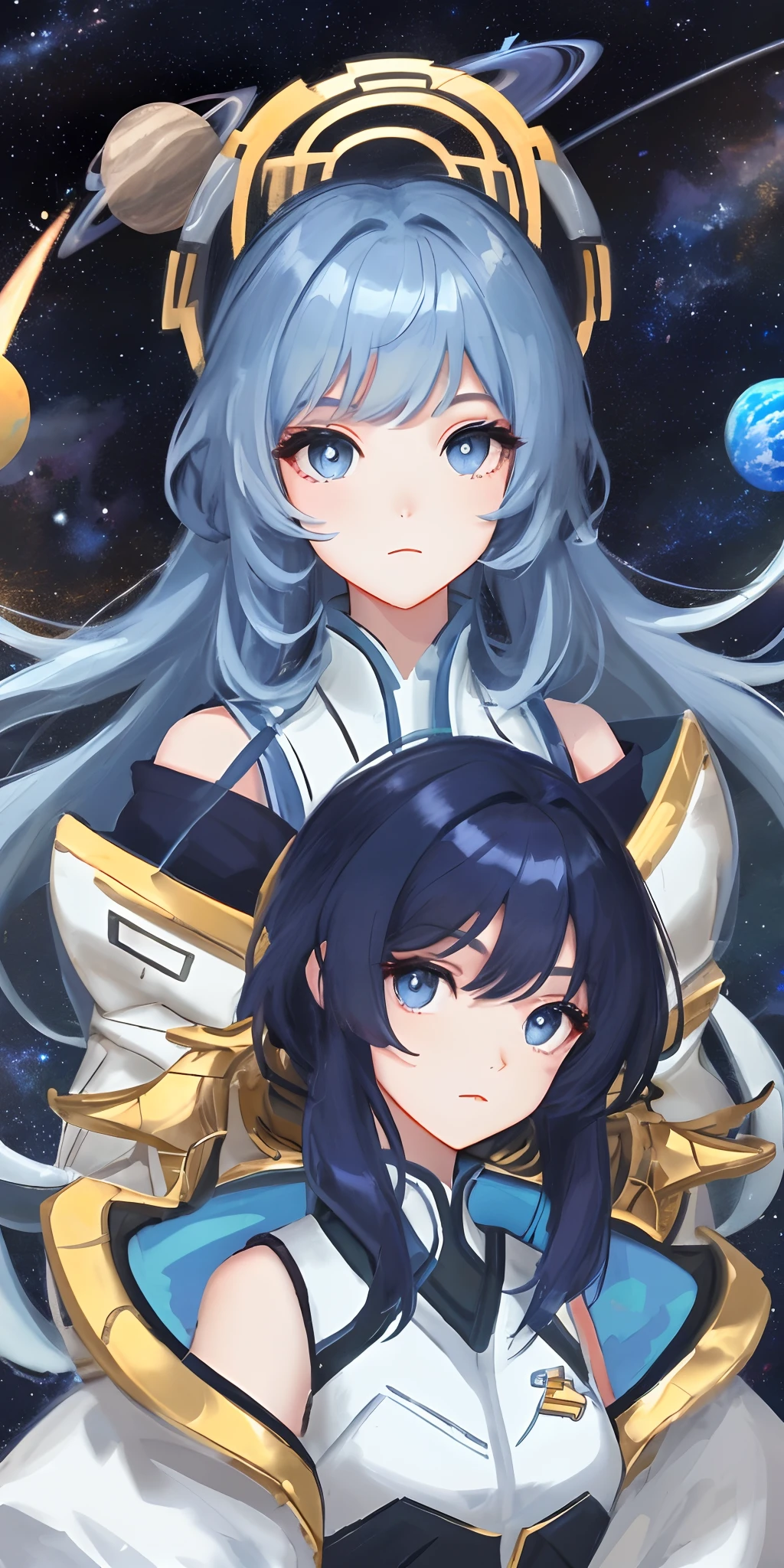Galaxy Girl,tmasterpiece,quadratic element,blue colored eyes,Light blue with a hint of dark blue hair,With gorgeous clothes,The background is the Milky Way and many other planets,There is no expression on the face。