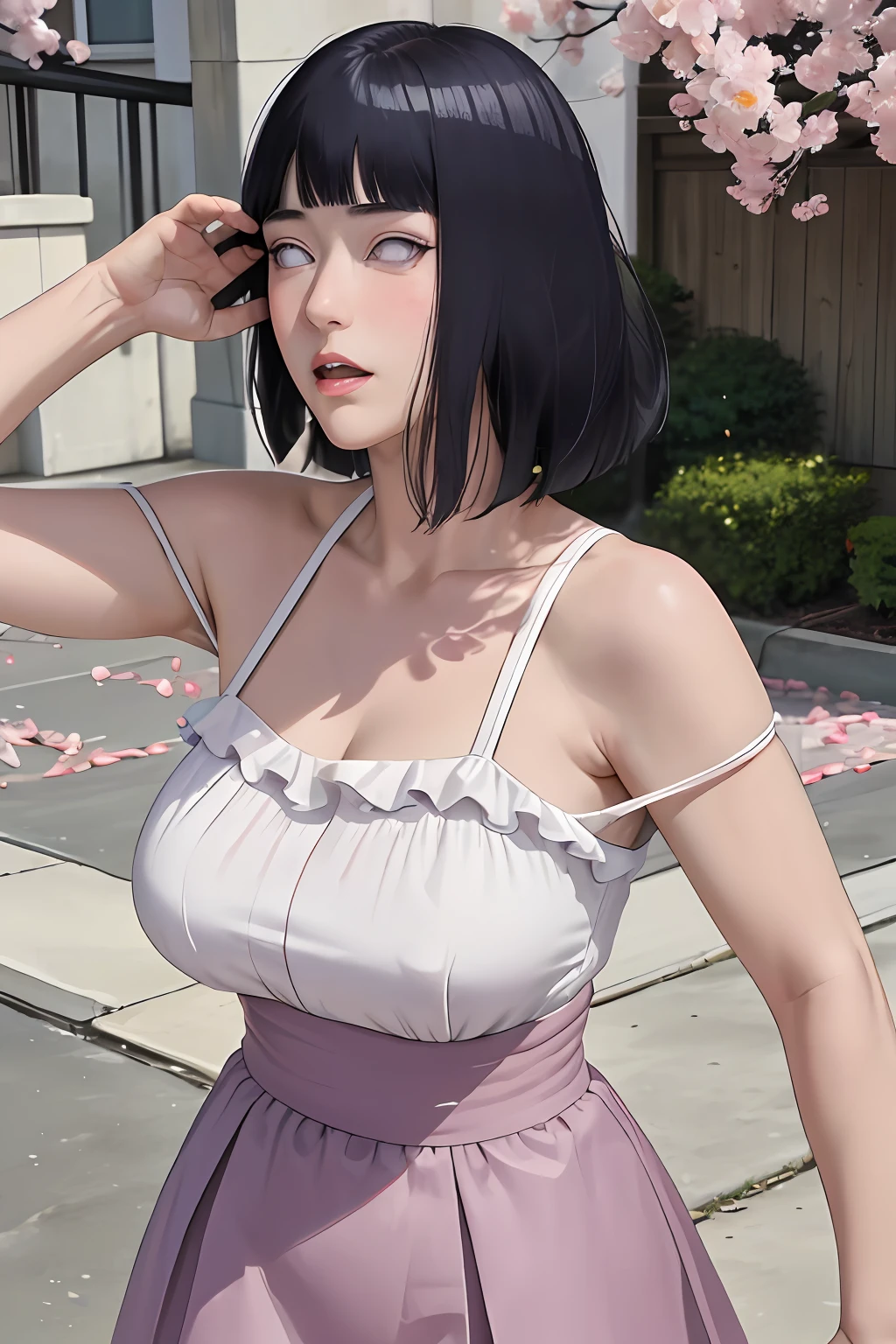 masterpiece, absurdres, hinata hyuga, 1girl, solo,mature female, spaghetti strap top,high waist short skirt, looking at viewer, (falling petals), perfect composition, detailed lips, big breast, beautiful face, body propotion, blush, (pink lips), long hair, purple eyes, soft gaze, super realistic, detailed, photoshoot, realistic face and body, ultra detail body, sexual expression, seductive expression,